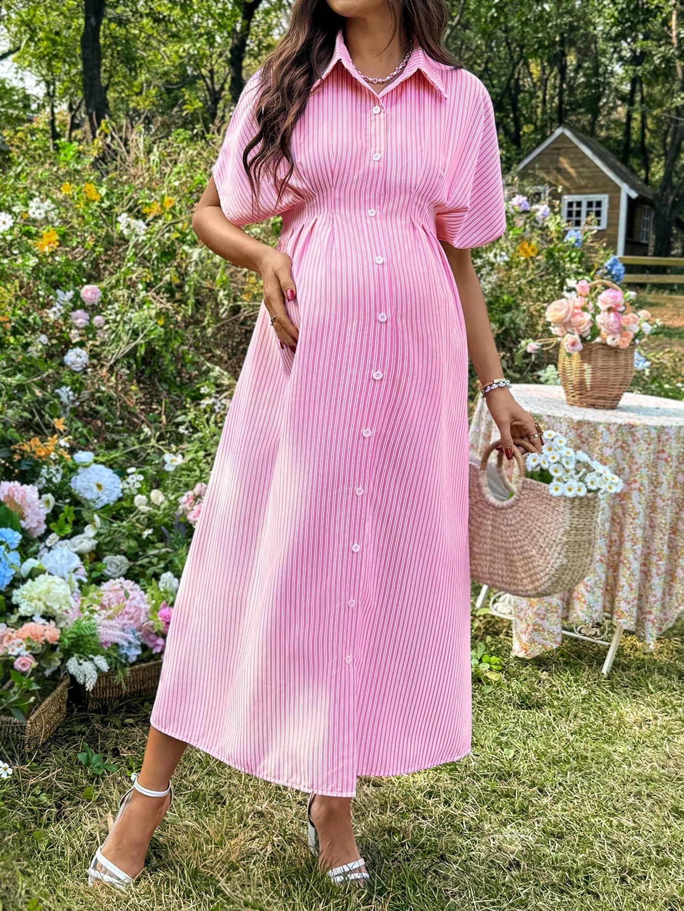 Lyckli Blush Pink Summer Elegant Formal Picnic Holiday Pregnant Women Striped Maternity Dress Casual Batwing Sleeve High Waist Button Modest Cottagecore