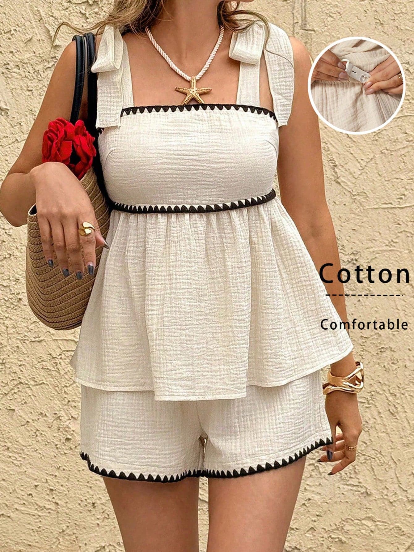 SHEIN Maternity Clothes Black Cotton 2pcs Set,Summer Boho Elegant Beach Holiday Contrast Trim Camisole Shorts,Pregnant Women Breast Feeding