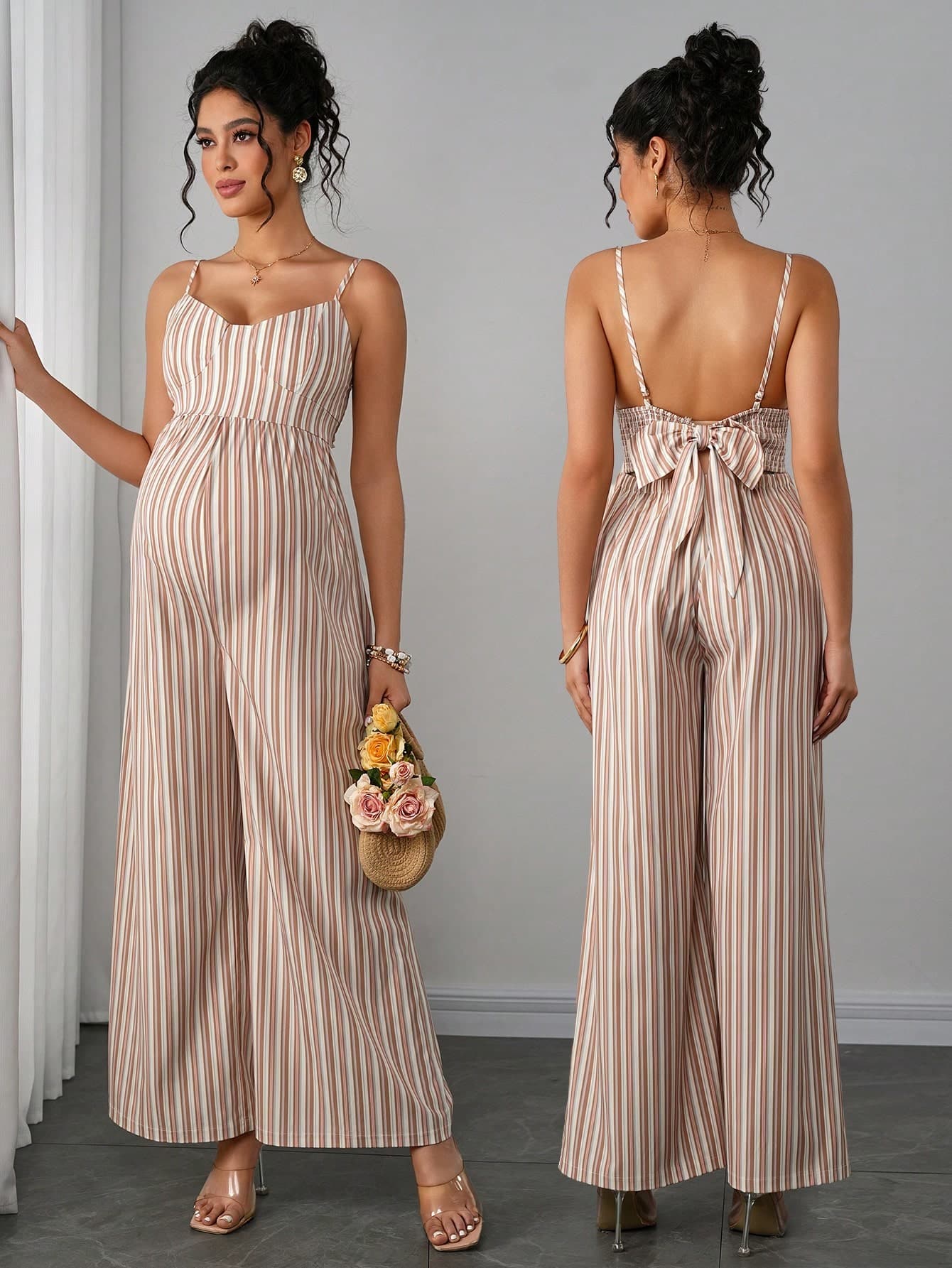 Momance Maternity Casual Sleeveless Tie Bow Jumpsuit, Spring/Summer