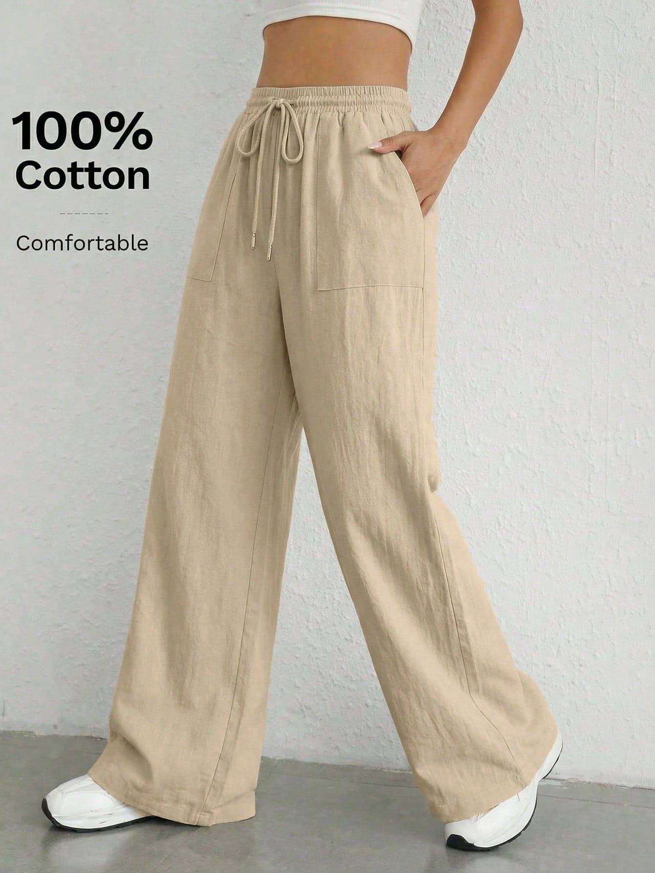 SHEIN EZwear Women's Summer Casual Khaki 100 Cotton Wide Leg Pants,Spring Solid Color Drawstring Waist Loose Woven Linen Pants For Vacation Daily Commute Clothing