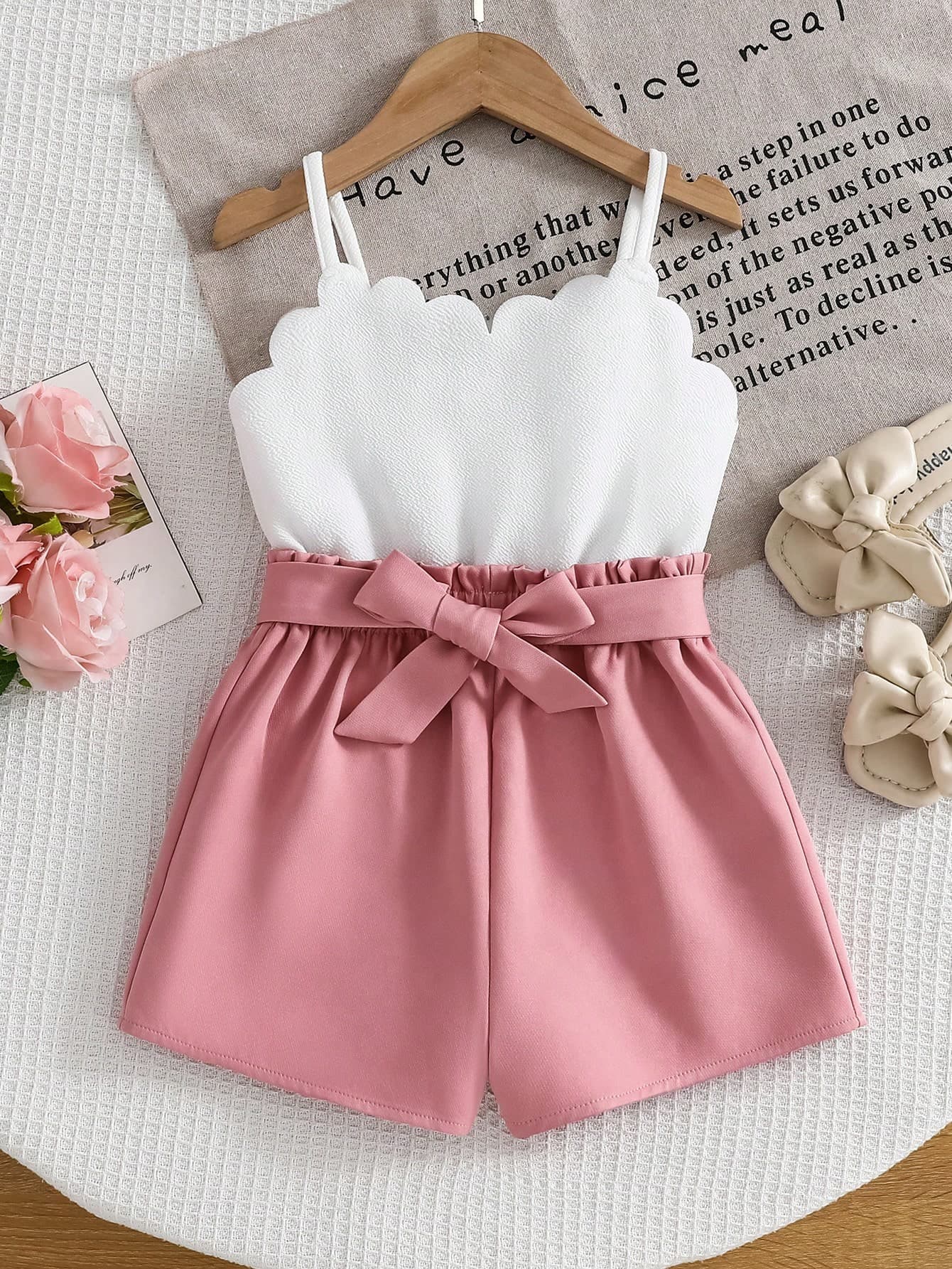 SHEIN Young Girl Cute Summer White Spaghetti Strap Elastic Waist Jumpsuit Girls Romper Sets Girl Two Piece Summer Sets