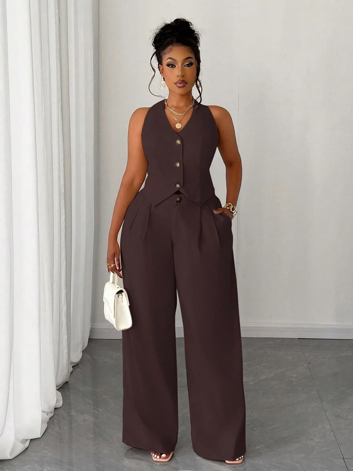 Maweii Plus Size Women Solid Brown 2 Pieces Outfit Sets,Sleeveless Short Vest Top & Wide Leg Pants,Smart Casual Office Autumn Classy Coords Elegant Clothes