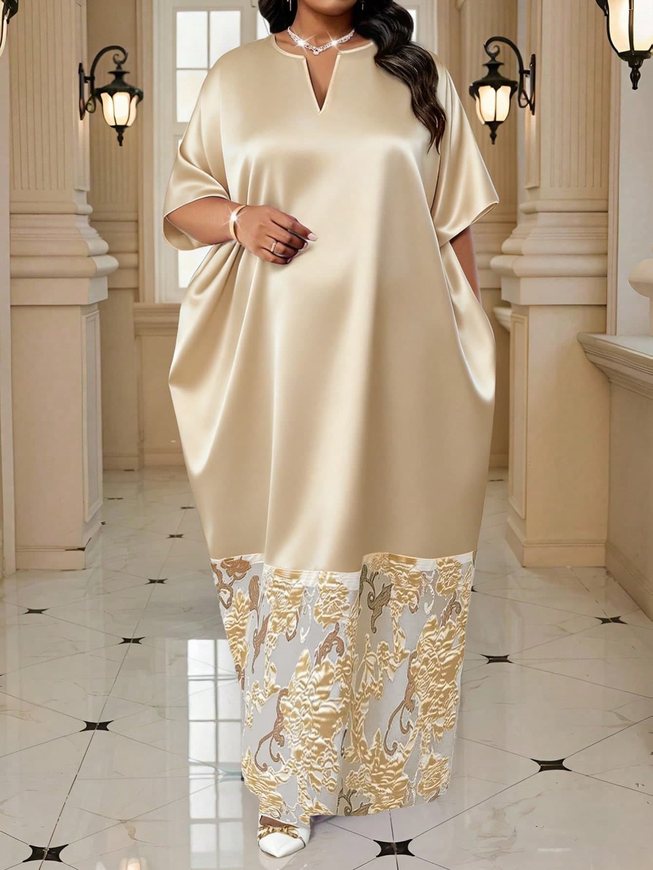 SHEIN Lady Women's Elegant V-Neck Short Sleeve Long Dress,White Gold Floral Modest Abaya For Autumn Holiday Dinner, Al-Adha Wedding Guest Graduation Dresses