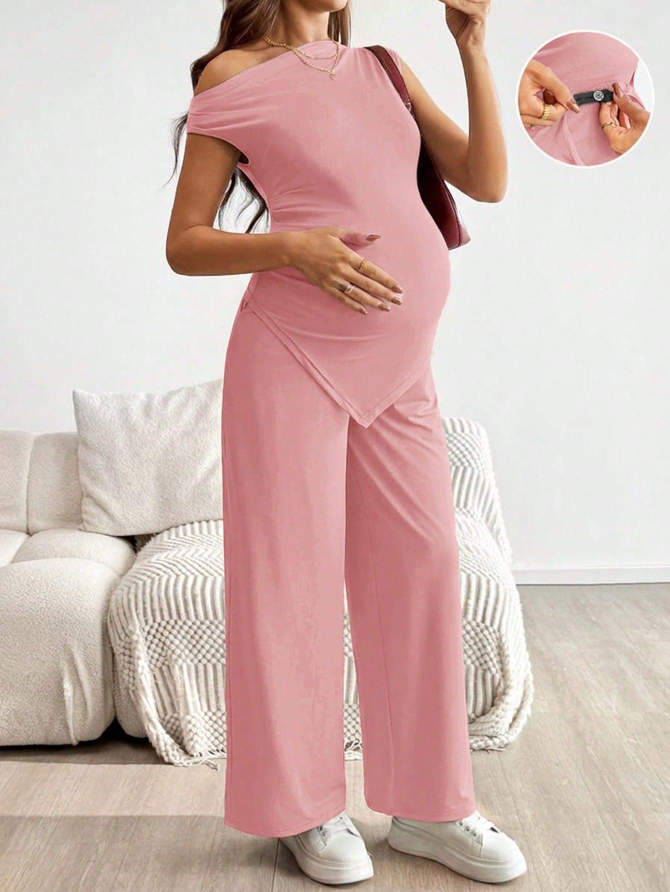 SHEIN Maternity Solid Color Asymmetrical Shoulder Fitted Asymmetrical Hem Casual Summer 2 Pieces Set