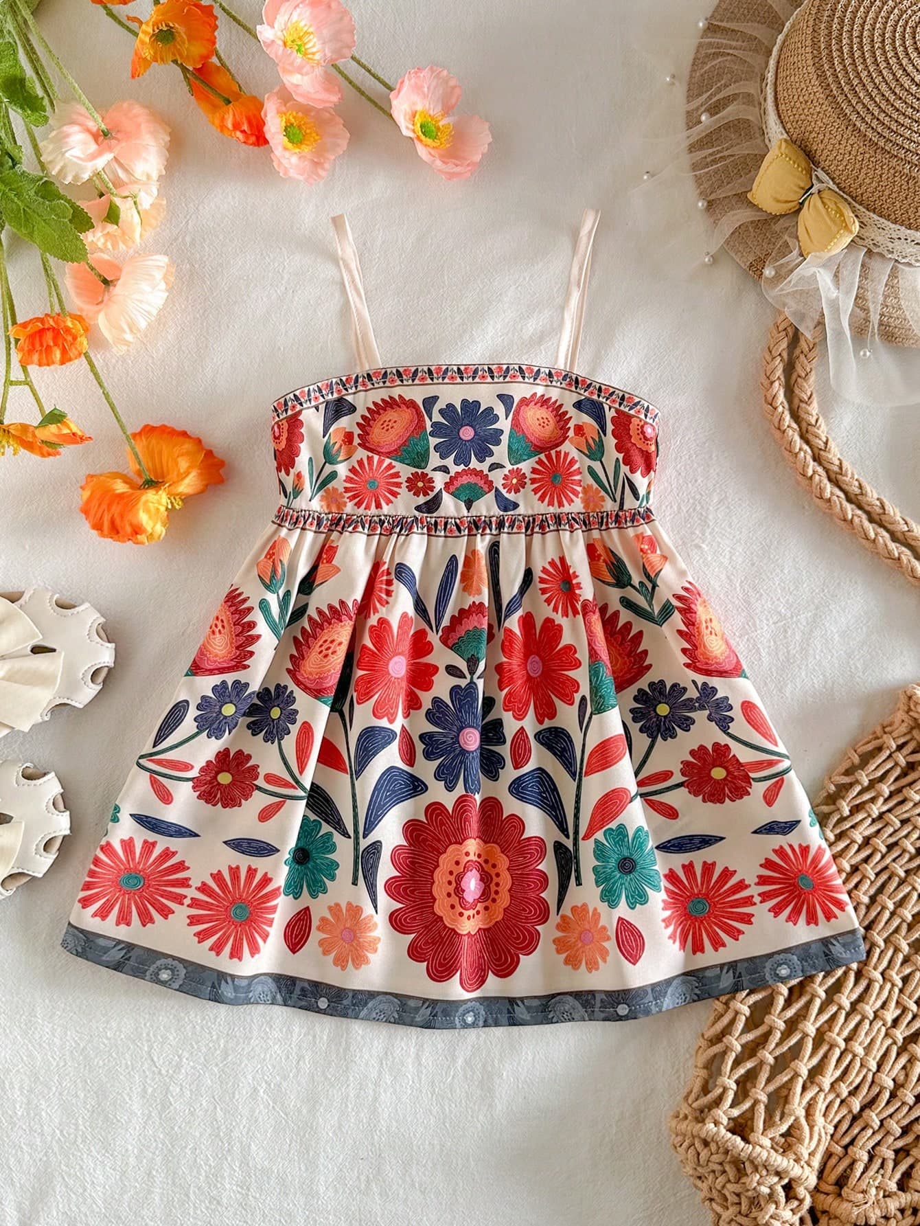 Travachic KIDS Travachic KIDS Baby Girl Floral Print Casual Vacation Strap Dress Sun Camisole Sleeveless Boho Toddler Babygirl