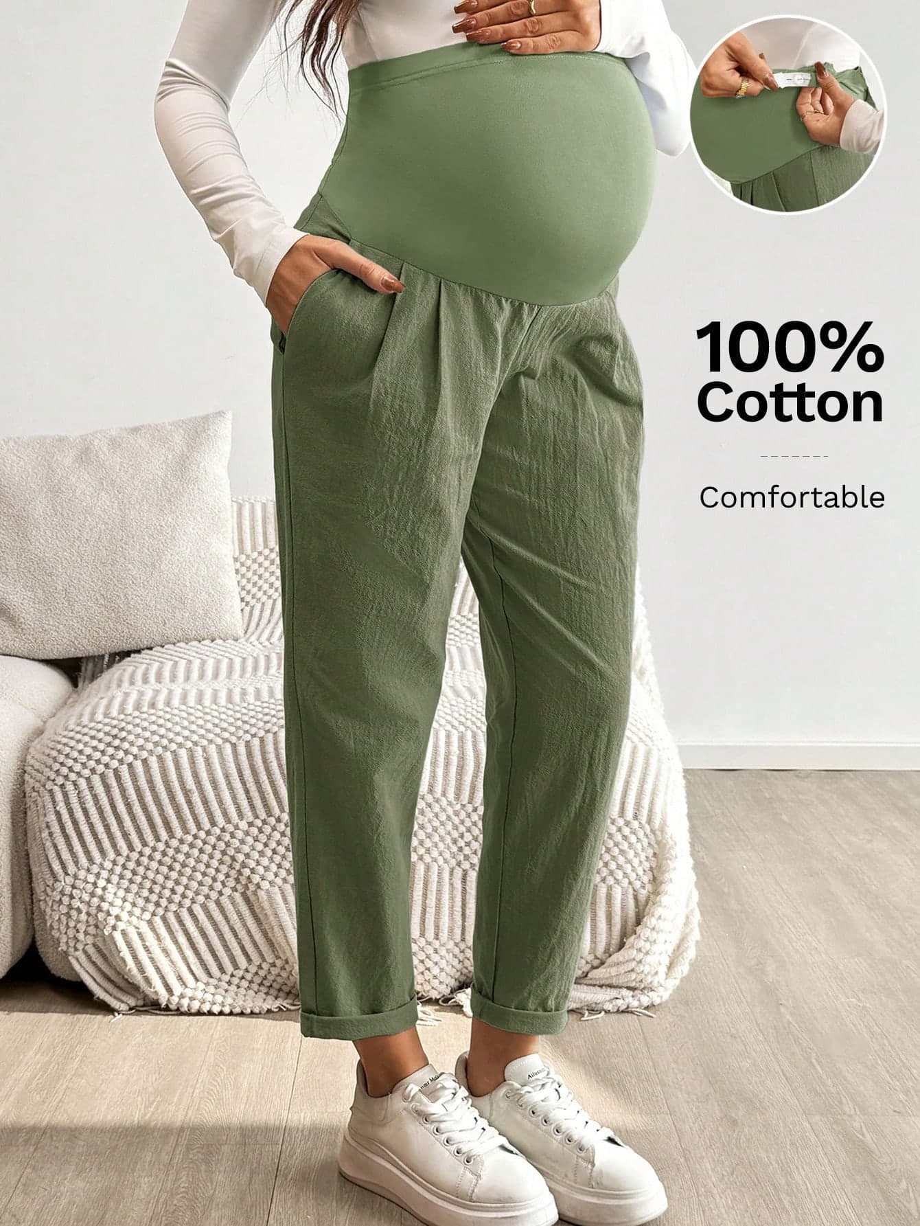 SHEIN Maternity Casual Everyday Commute Solid Color Adjustable Waist Side Pocket Slim Fit Pants Fall