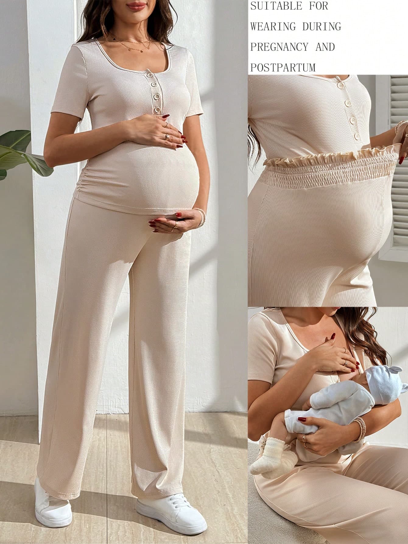 SHEIN 2pcs Maternity Set: Solid Color Scoop Neck Short Sleeve Top With Buttons & Elastic Waist Relaxed Fit Pants