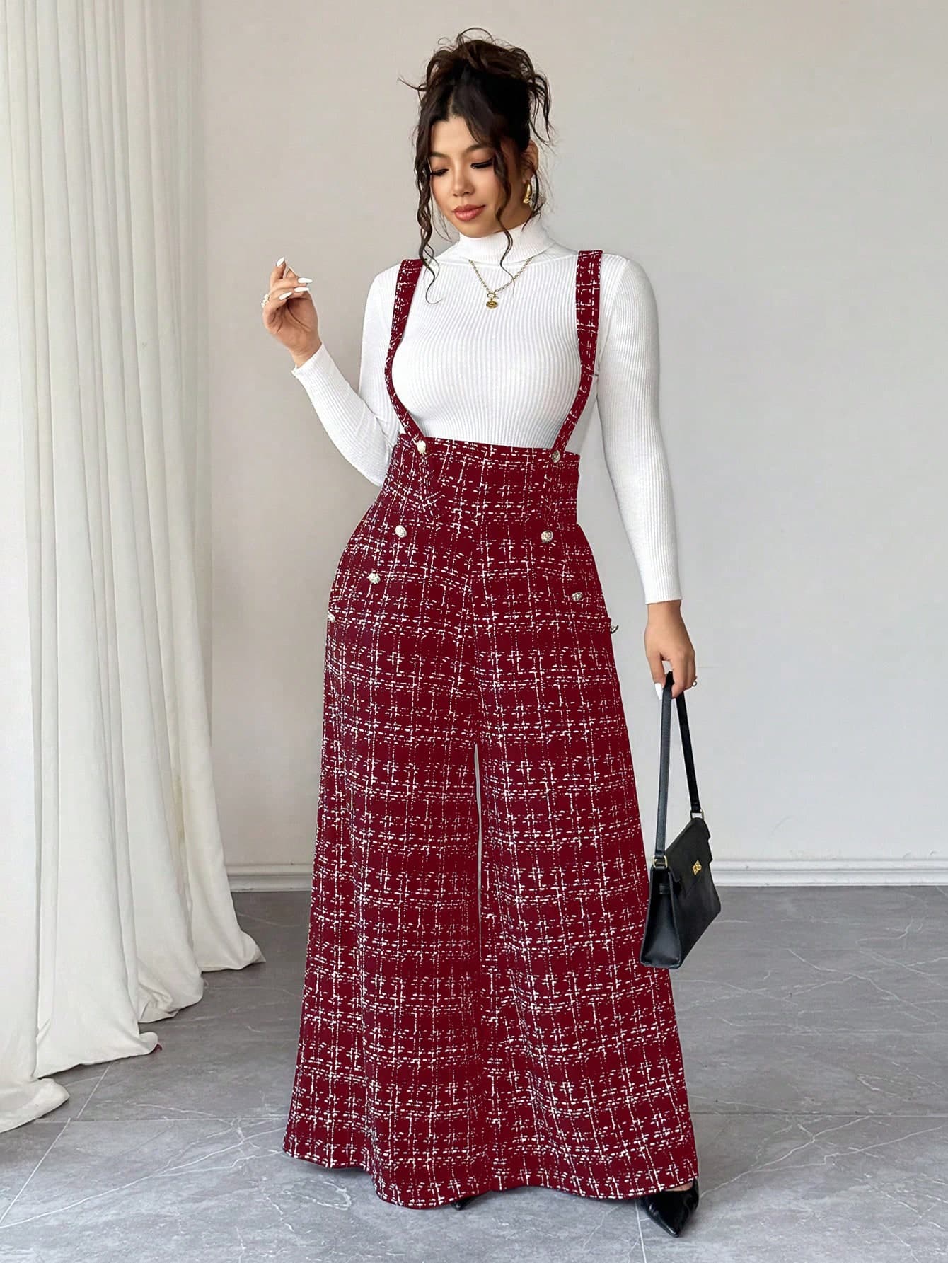 Elenzga Plus Size Women's Sleeveless Wide Leg Jumpsuit,Burgundy,Autumn,Elegant,Formal Modest Tweed Two Piece Set,Office Outfits For Women,Travel & Work Set
