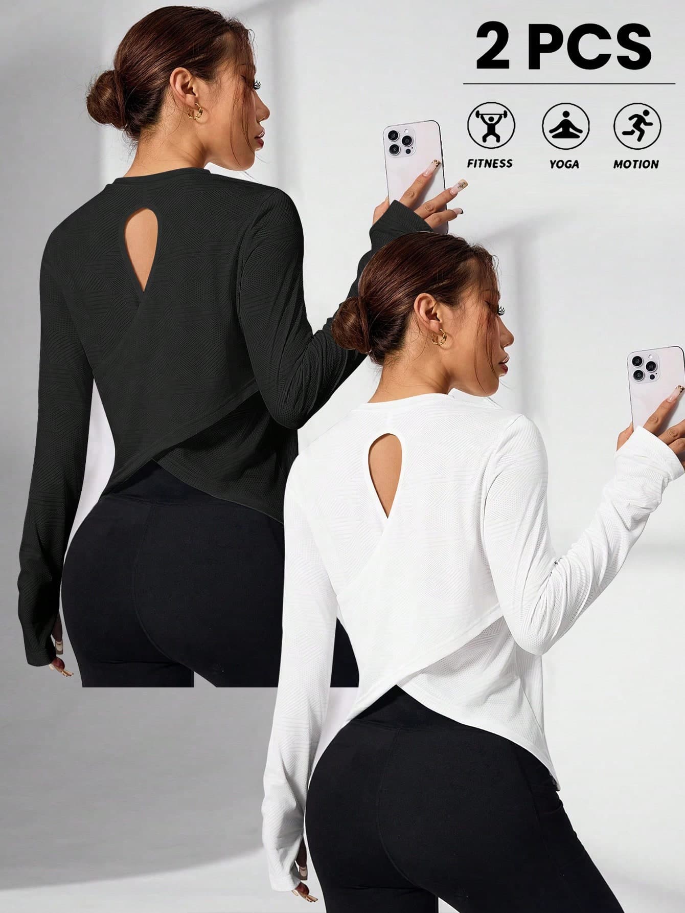 Velisys Velisys 2PCS Women's Minimalist Solid Color Thumb Hole Casual Sports T-Shirt,Black And White Autumn Yoga Tops Workout Long Sleeve Open Back Gym Athleisure