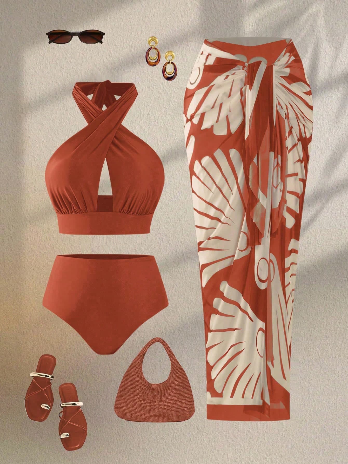 Swim Oasis Plus Size Women Burnt Orange Bikini Set,Criss-Cross Halter Hollow Out Top And High Waist Bottom With Patterned Mesh Maxi Dress,Summer Beach Vacation