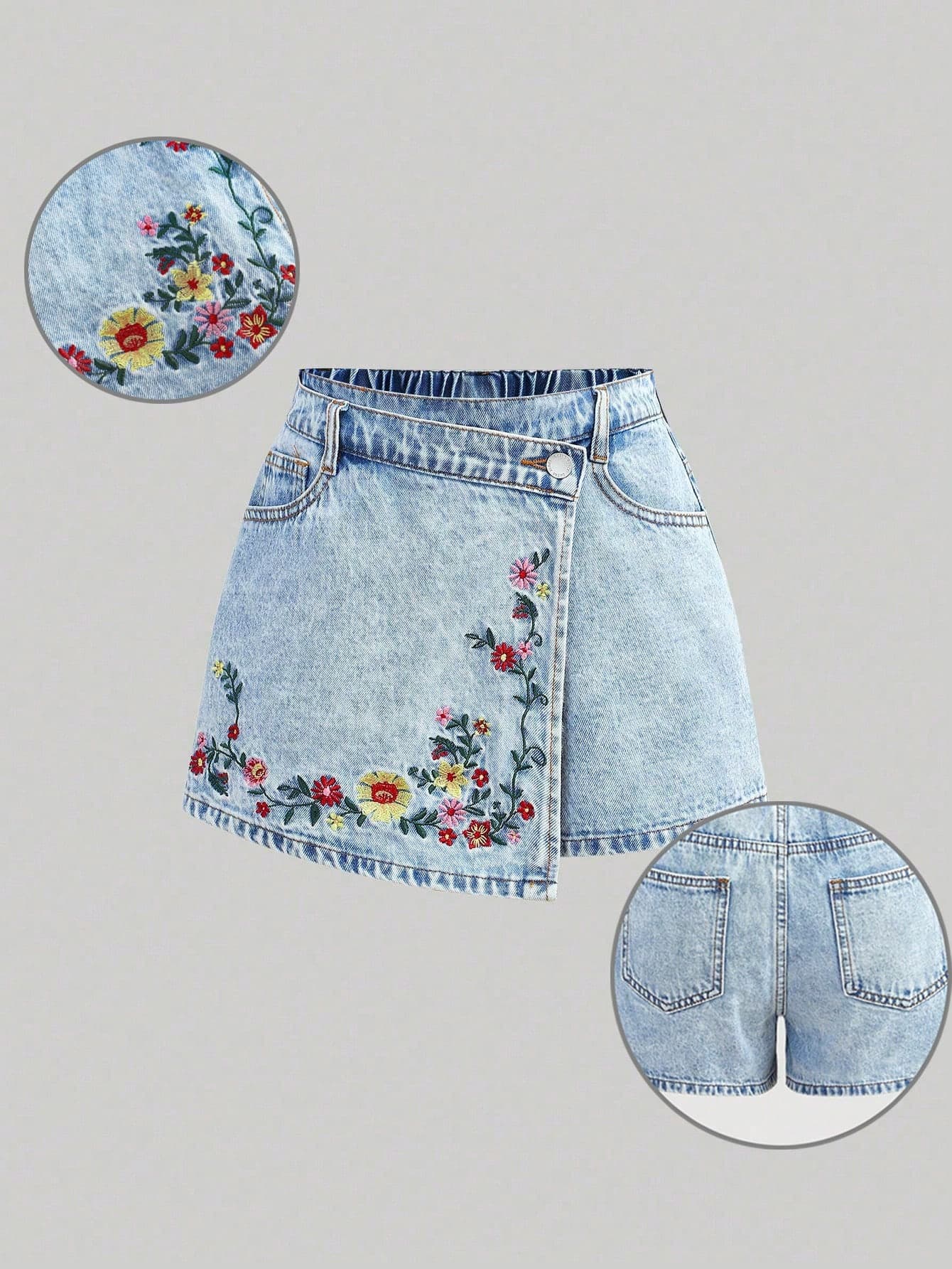 Girlism Asymmetric Button Hem New Spring Summer Light Washed Floral Embroidery Pattern Blue Denim Skort Shorts For Teen Girls,Summer Boho Beach Vacation Concert Rave Festival,Sweet Fashion Floral Embroidery, Comfortable Pleated Hem Design, Versatile And Minimalist For Daily Wear
