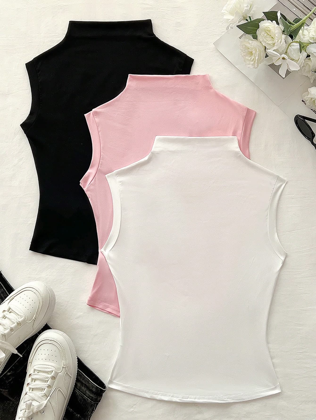 Elamini Women's Solid Color Stand Collar Casual Versatile Sleeveless Top For Daily Wear