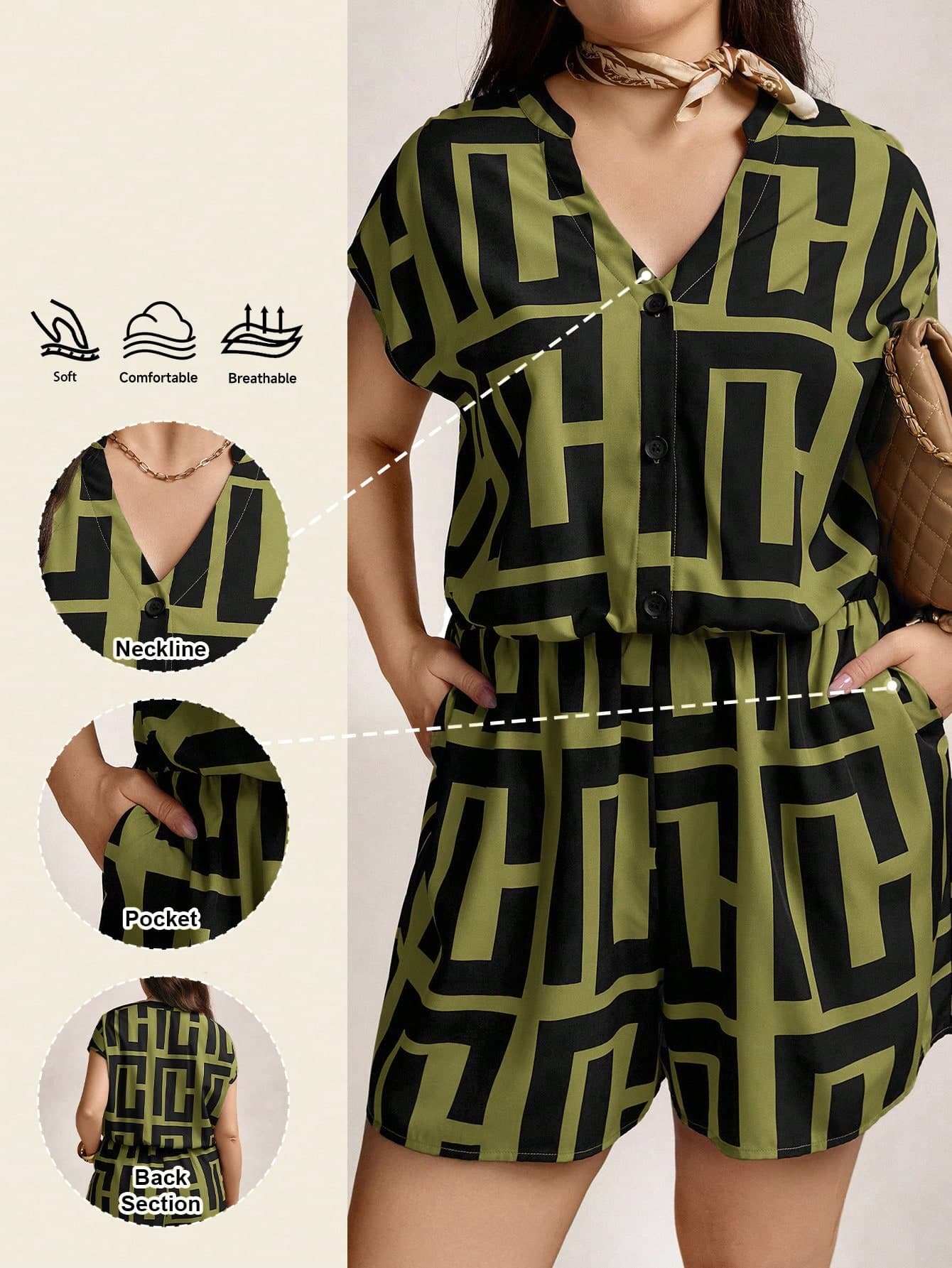 Zelara Plus-Size Olive Green Summer Smart Casual Jumpsuit,Geometric Print Short Set For Women,Vacation Holiday Coastal Nautical Outfit,Mother's Day Gift
