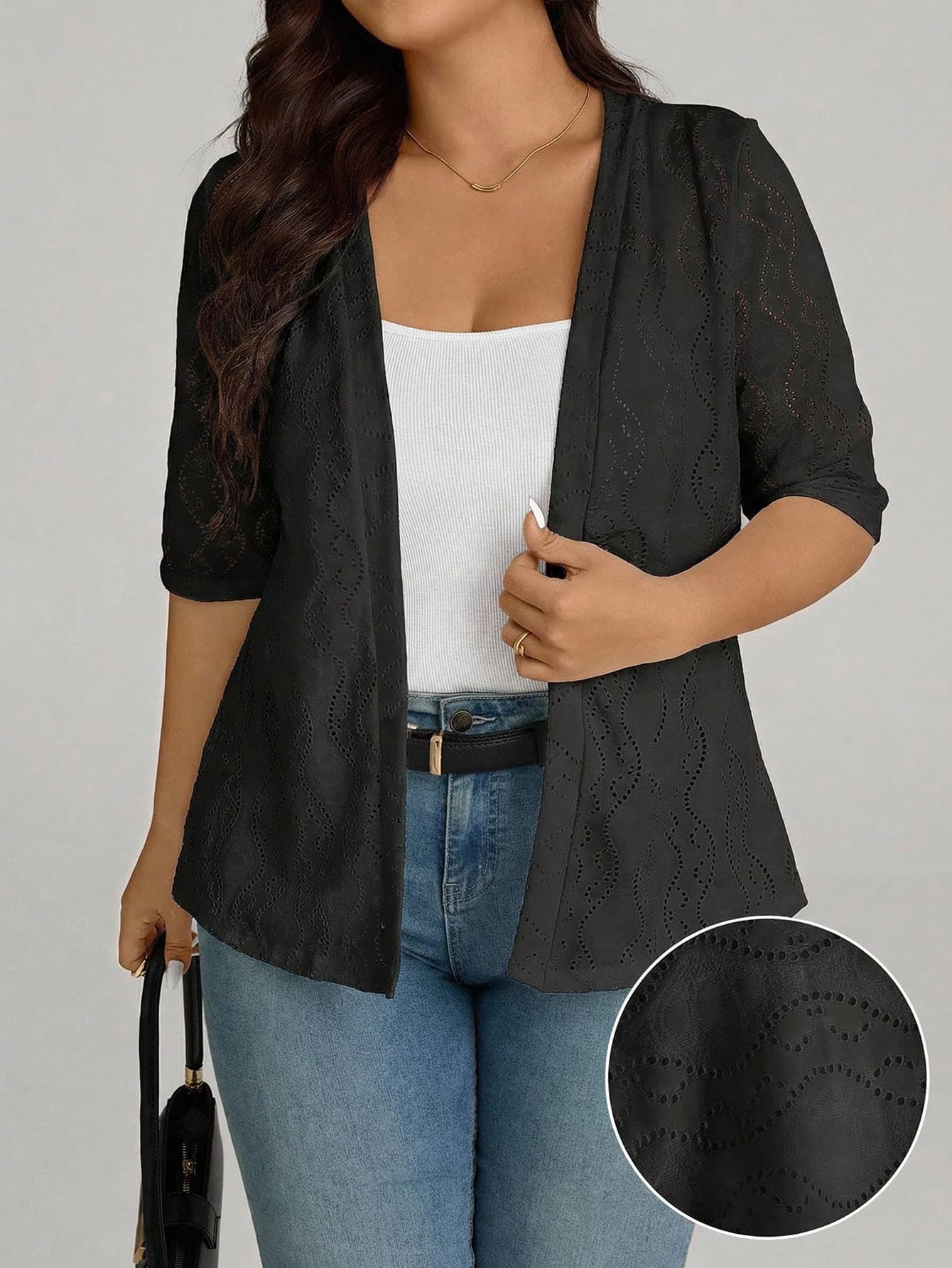 Comfylo Plus Size Women Jacquard Knit Short Sleeve Cardigan