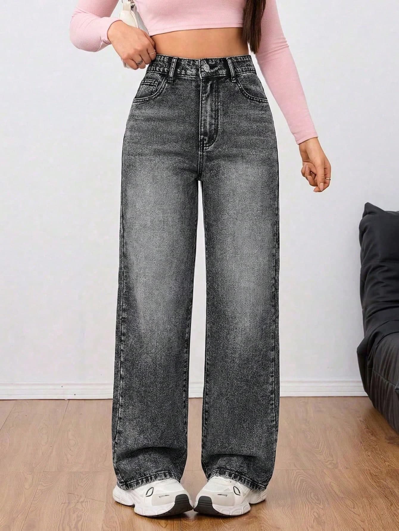 Jeanoix Casual Streetwear Washed High Waist Straight Leg Jeans Occasion Dark Wash Winter