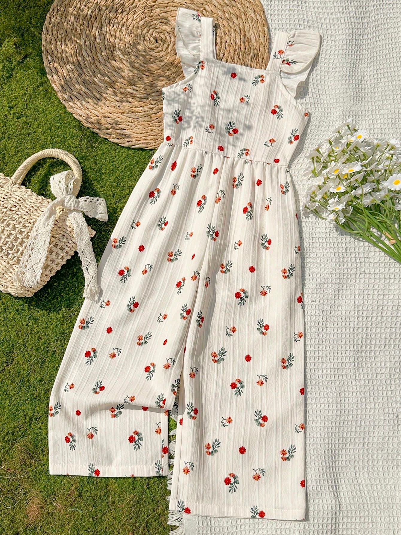 Vintaside Kids Girls' Summer Sleeveless Digital Print Casual Jumpsuit, Suitable For Traveling Or Daily Casual Wear