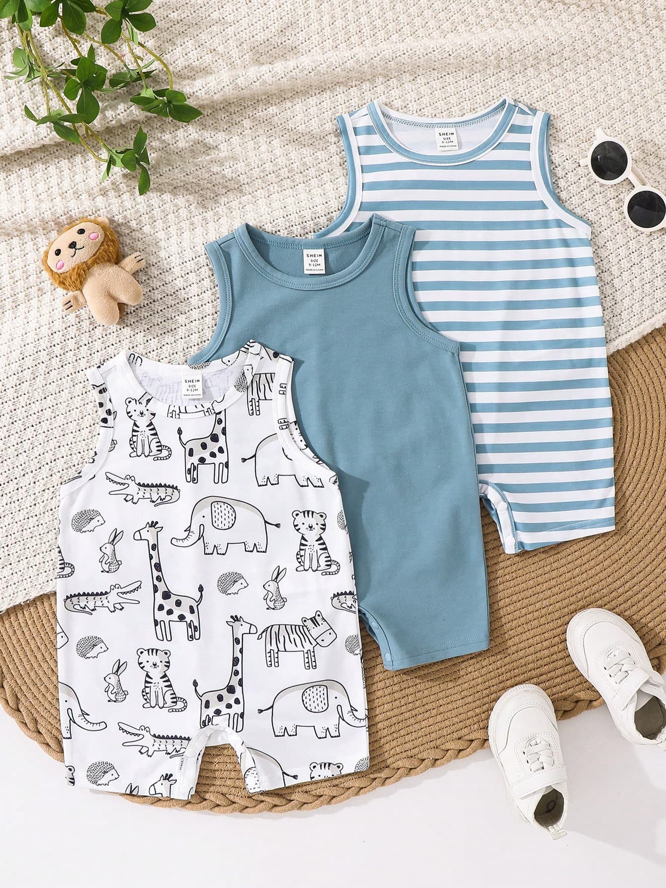 3pcs Newborn Baby Boy Cute Cartoon Striped Sleeveless Knit Romper Set, Summer