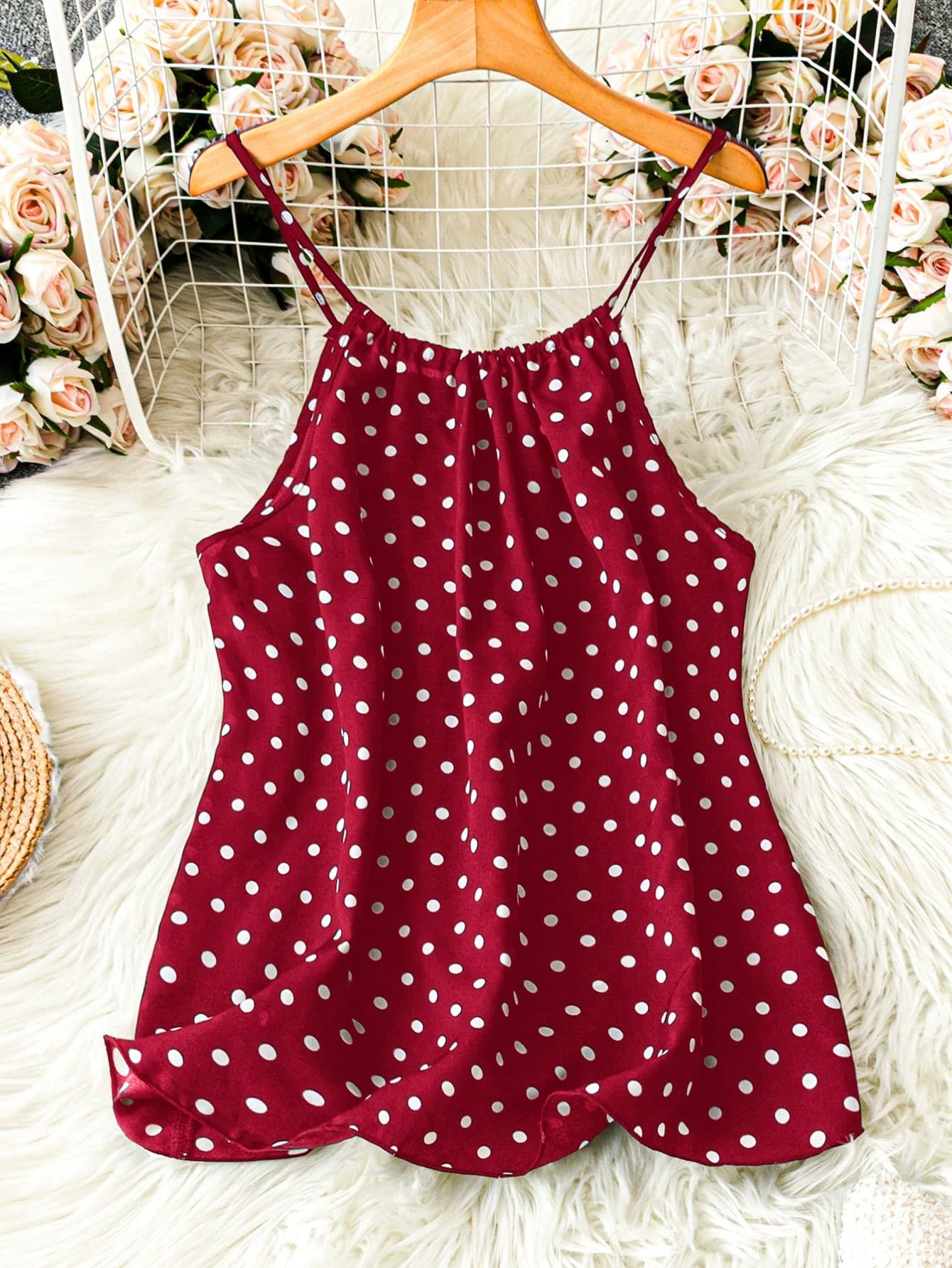 SHEIN LUNE Burgundy,Summer,Cute,Holiday Plus Size Women Red Polka Dot Print Casual Camisole Spaghetti Strap Sleeveless Top Ladies Teen Girls New Arrival Dress