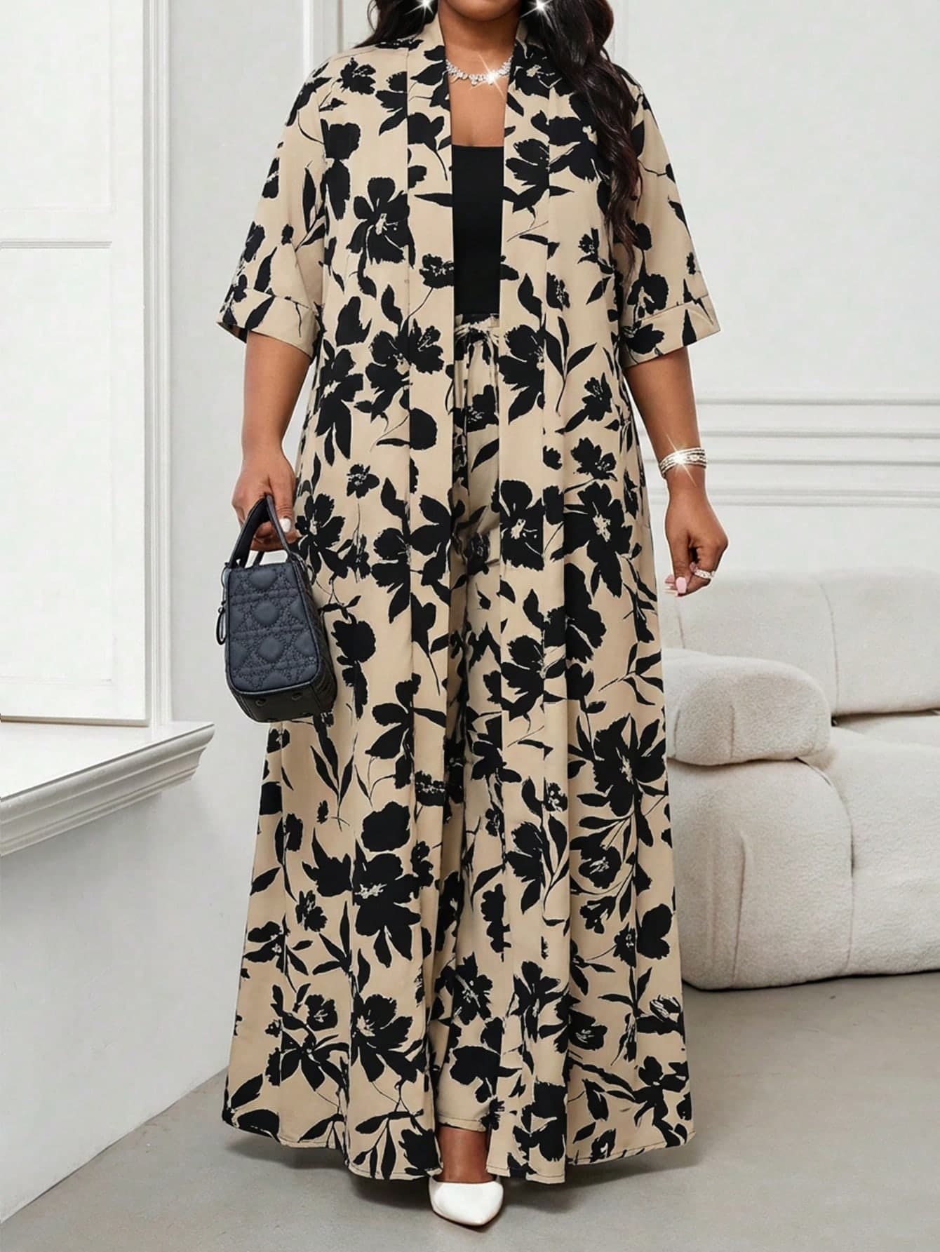 SHEIN Lady Plus Size Women Floral Print Robe And Pants Casual 2 Pieces Set, Summer Outfits Two Piece Set Elegant