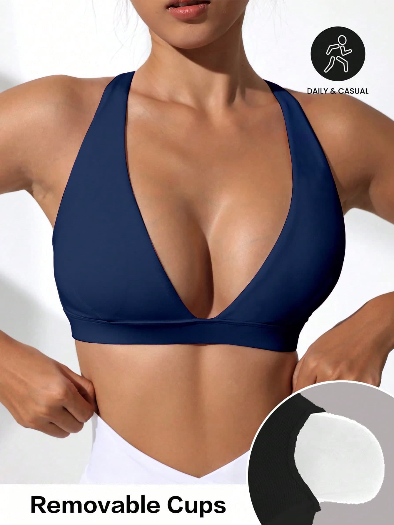 Slayform Slayform Solid Color V-Neck Minimalist Design Casual Sports Bra
