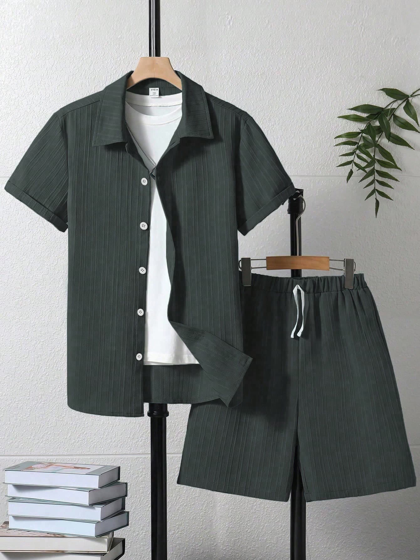 2pcs/Set Teen Boy Casual Single-Breasted Short Sleeve Shirt And Shorts Set