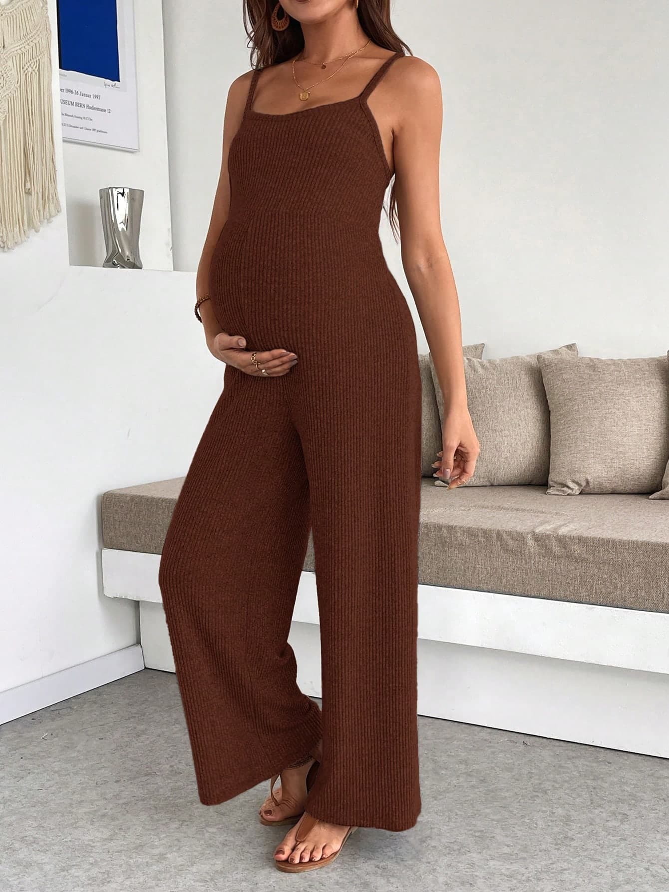 SHEIN Maternity Solid Color Ribbed Casual Wide Leg Jumpsuit