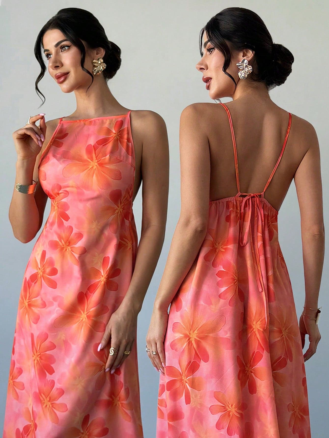 Firerie Women's Pink Floral Print Casual Tropical Spaghetti Strap Backless Loose Summer Holiday Sundress Vacation Dress