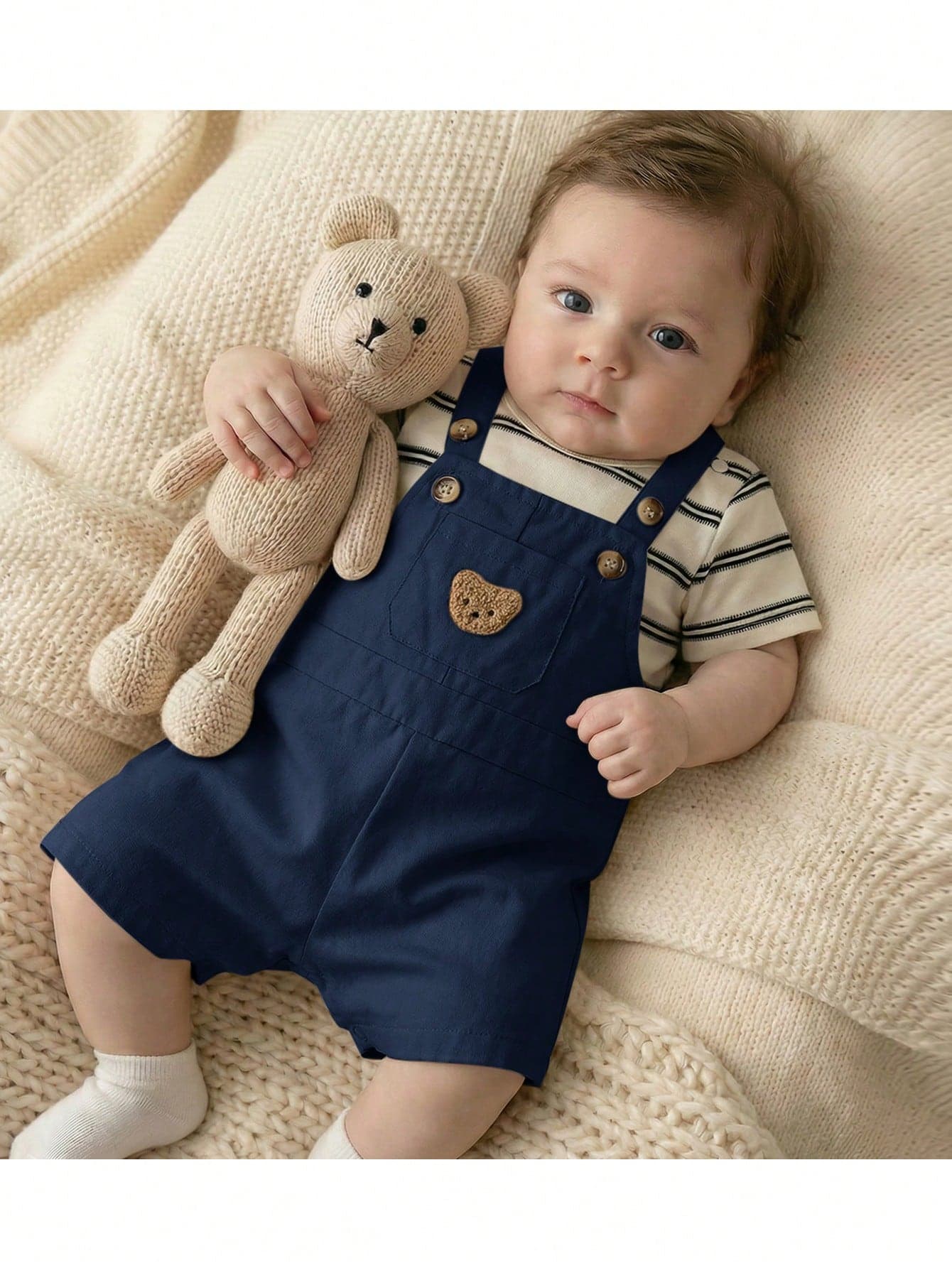 Loomiva Newborn Baby Boy/Girl Cartoon Bear Pattern Knit Soft Round Neck Long Sleeve Raglan Pullover Top And Bib Pants 2-Piece Set,Kids