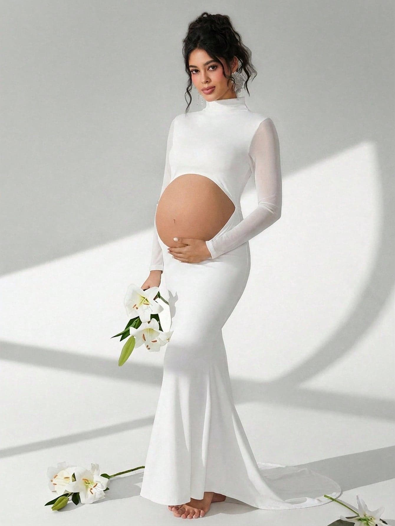 Cheriluna Maternity Maternity Photography Dress, Long Sleeve Stand Collar, Waist Cut-Out, Open Back, Fish Tail Hem, Floor Length