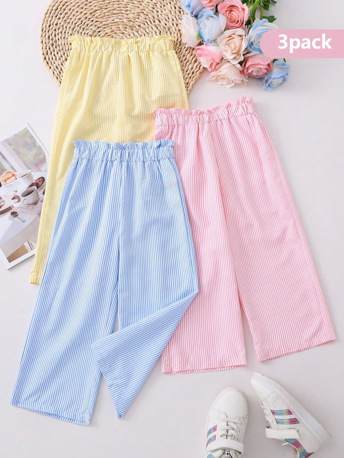 Souflis Souflis Young Girls 3 Packs Striped Pants For Spring & Summer,Light Blue,Yellow & Pink Comfortable Soft Material Elastic Waistband Casual Daily Play Pants