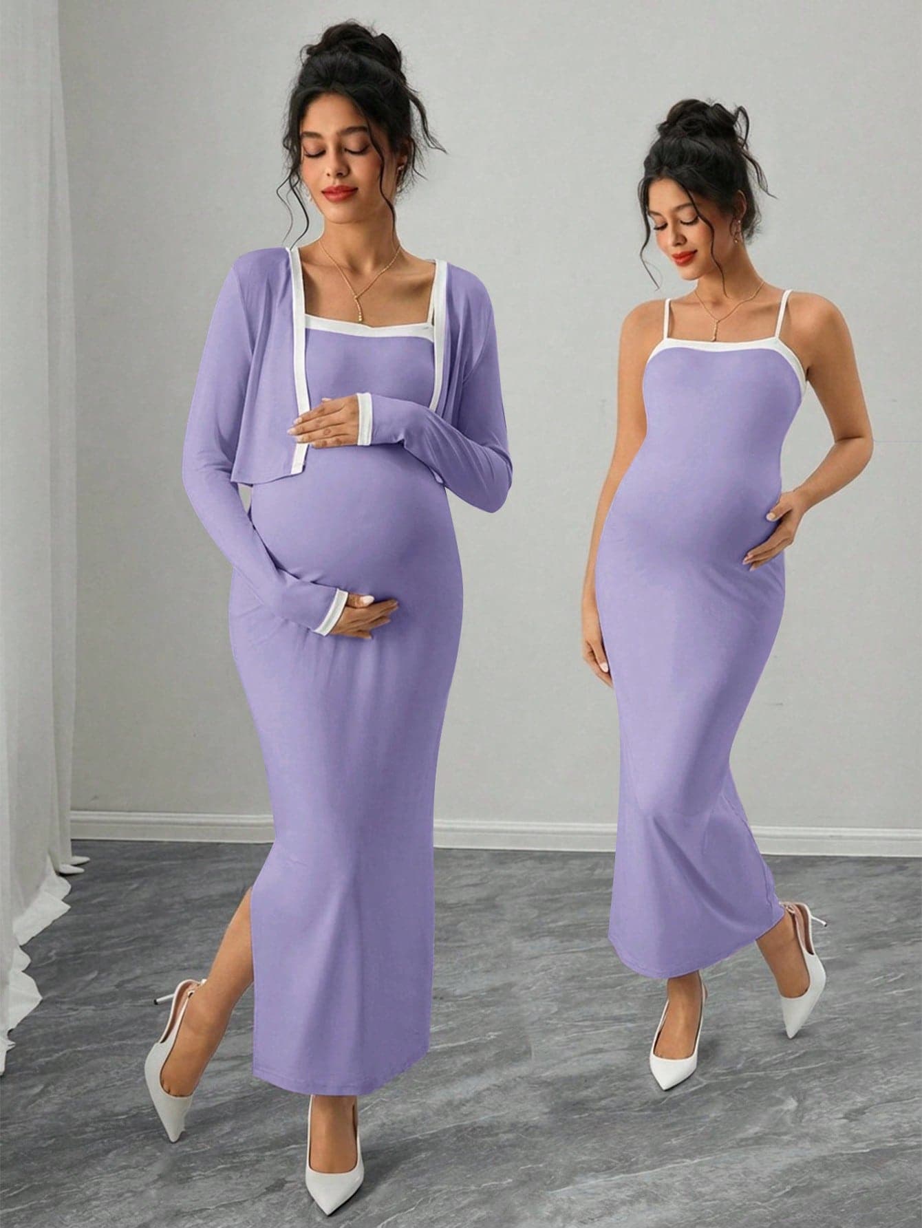 Momance 2pcs/Set Pregnant Women Patchwork Camisole Dress And Long Sleeve Open Front Top, Casual Daily Wear