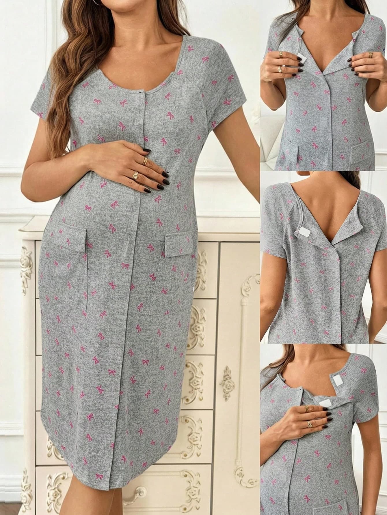 Slowluna Maternity Bow Print Short Sleeve Nursing Dress,Summer Maternity Clothes Two Piece Sets,Labor And Delivery Gown,Nursing Dresses For Women
