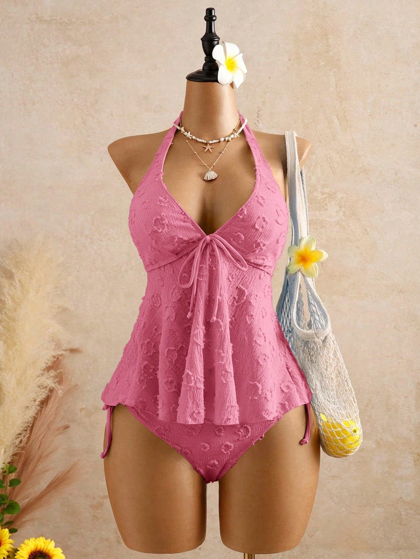 Bellisia Women Textured Polka Dot Camisole Bikini Top 2 Piece Bathing Suit Sets,Pink Halter Swimsuit For Summer Tropical Beach Party Holiday Vacation Holiday