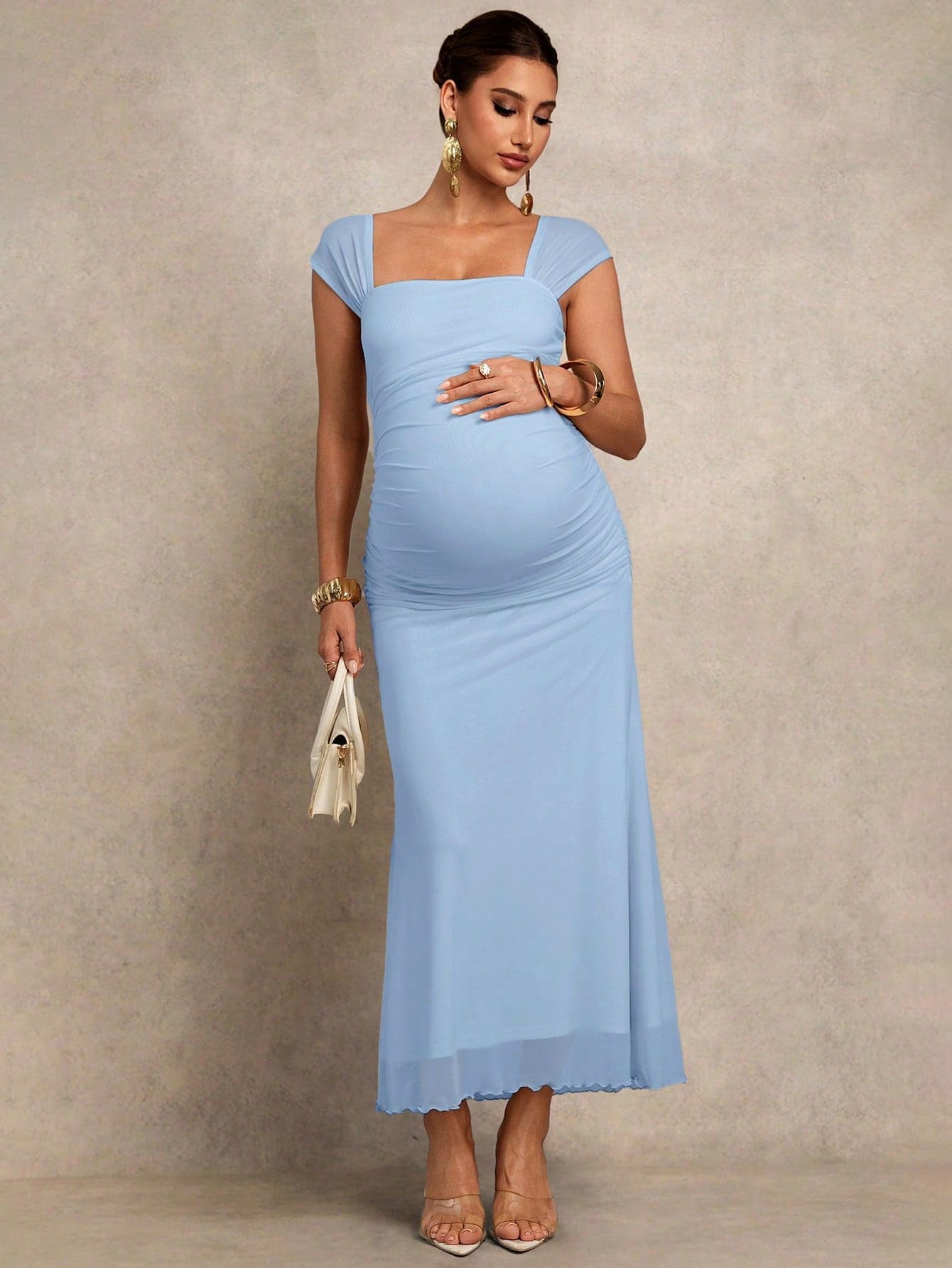 MaterniChic Elegant Maternity Summer Dress, Minimalist Solid Color Square Neck Fitted Dress