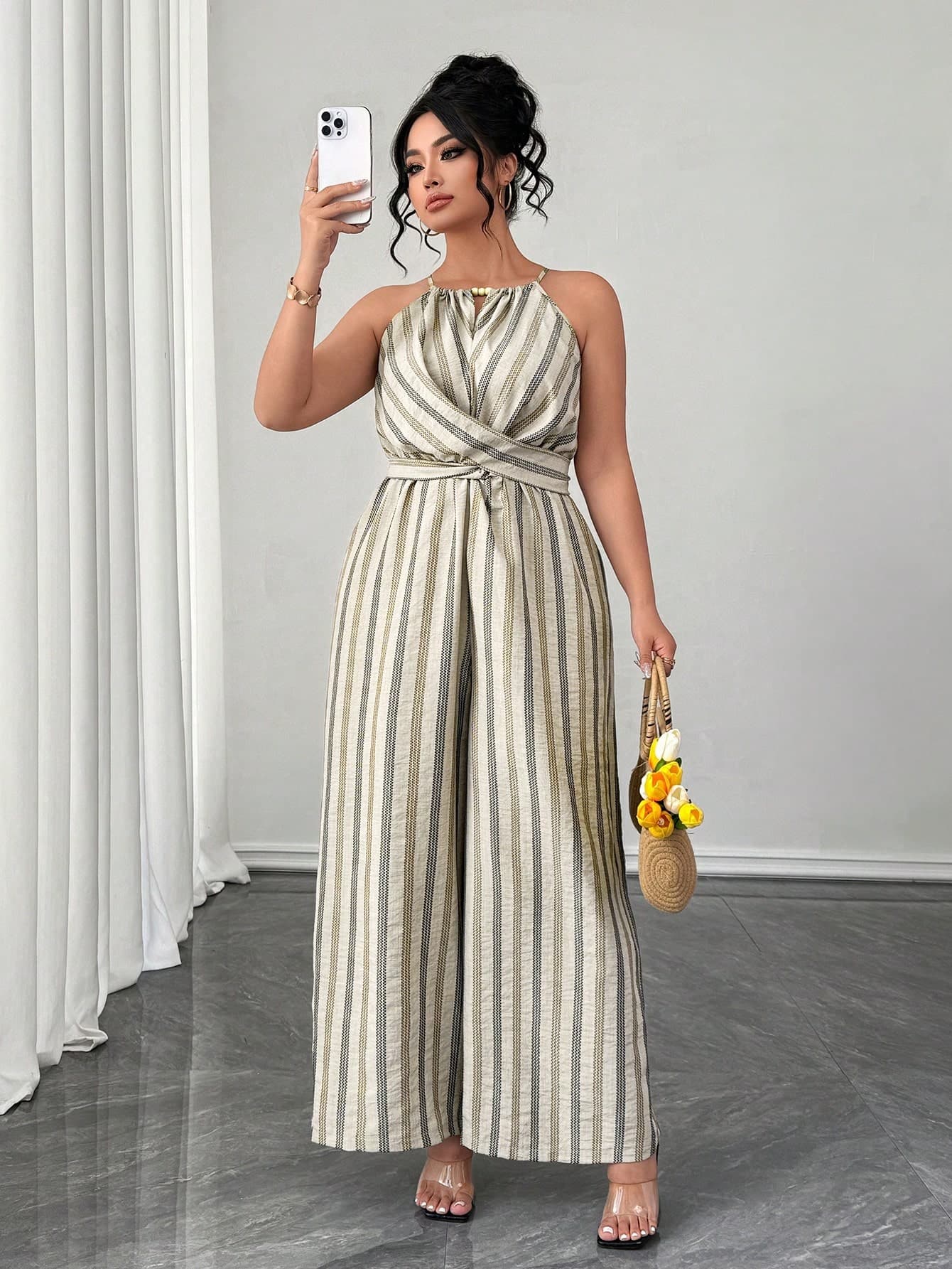 Elenzga Plus Size Women Casual Striped Jumpsuit,Waist Tie,Pearl Decor Neckline,Elegant White Sequence Summer Vacation Holiday 2 Pieces Outfit Sets