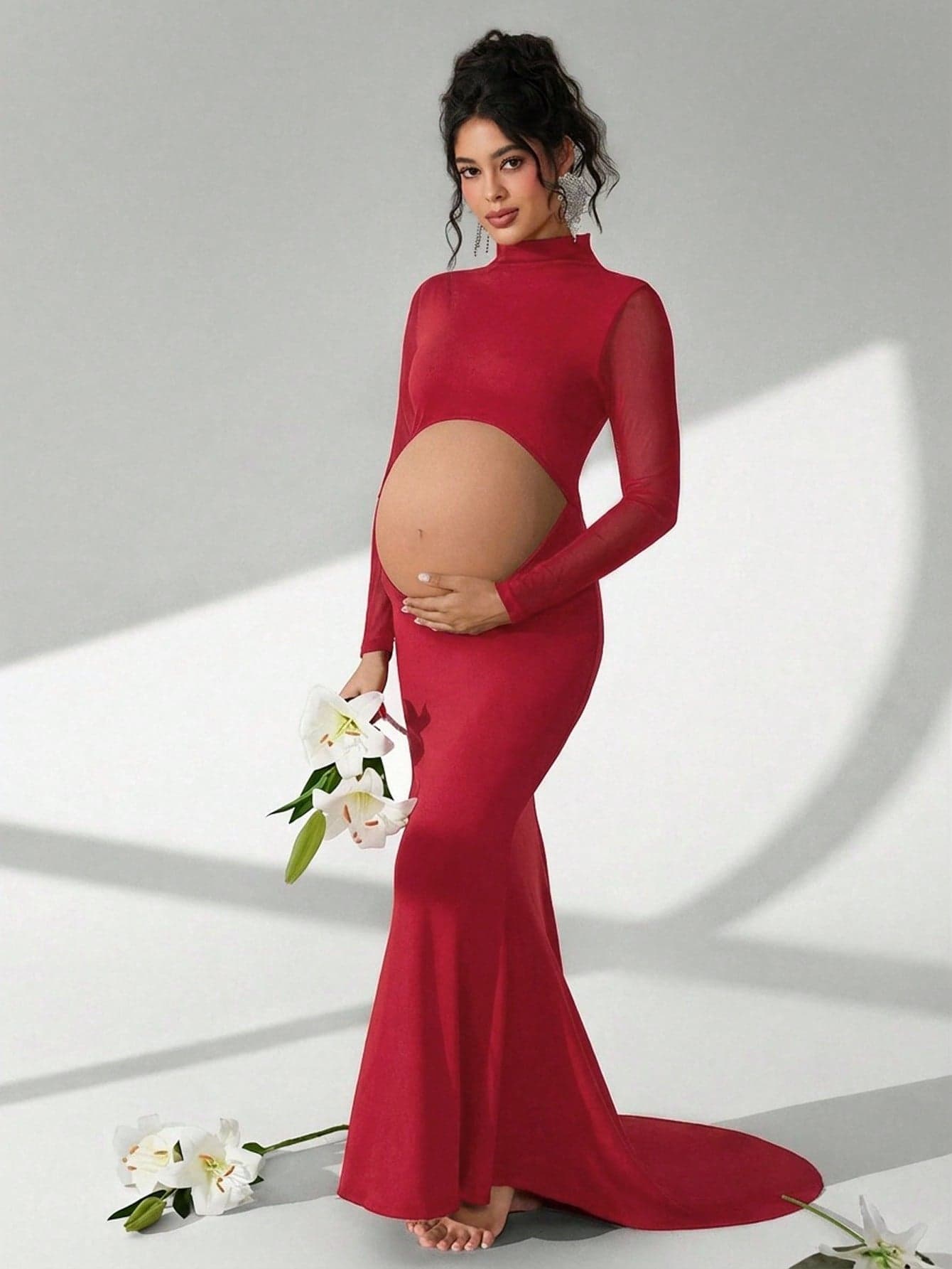Cheriluna Maternity Maternity Photography Dress, Long Sleeve Stand Collar, Waist Cut-Out, Open Back, Fish Tail Hem, Floor Length