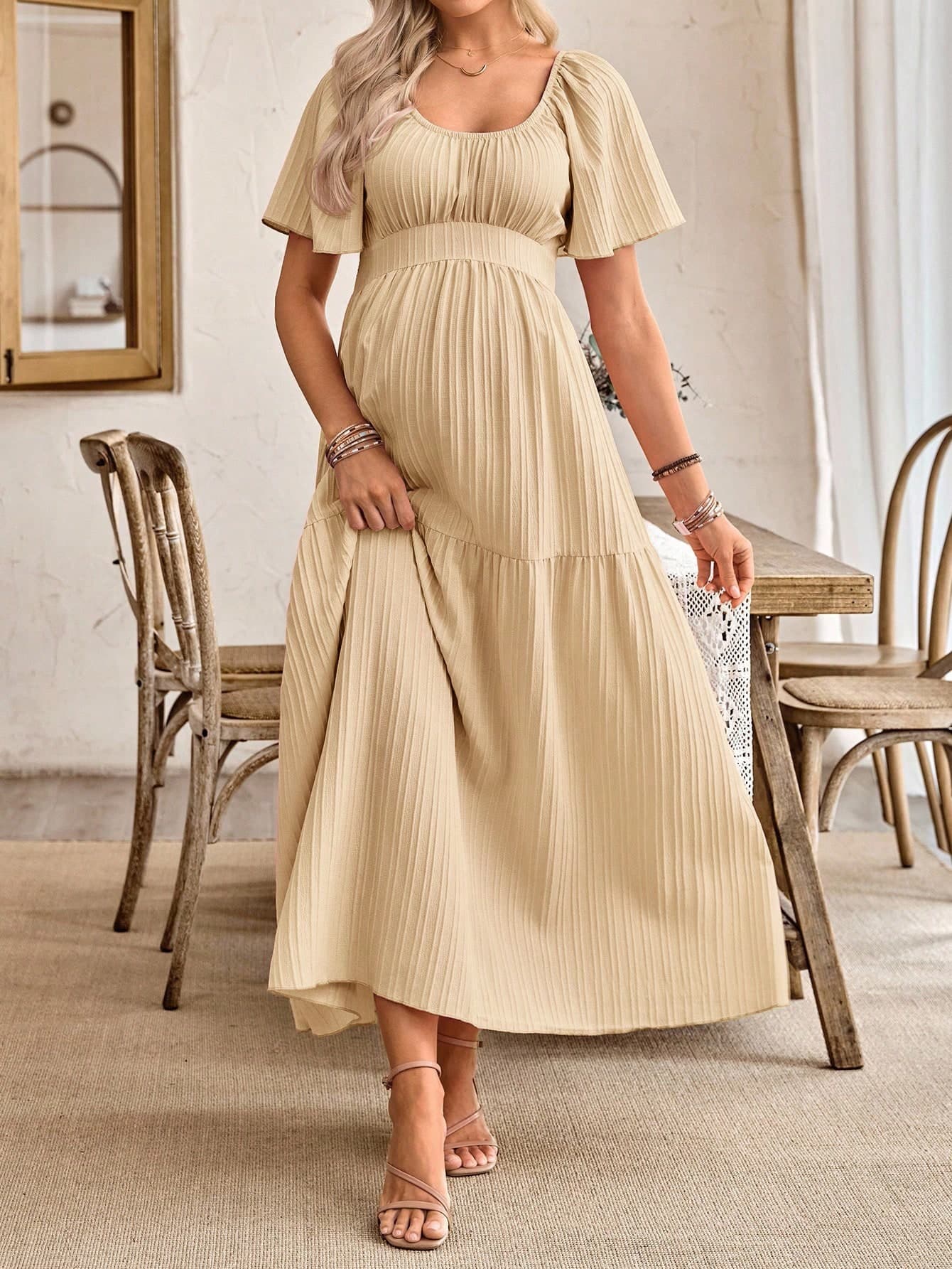 SHEIN Maternity A-Line Dress With Ruffle Sleeves, Bow Back Design