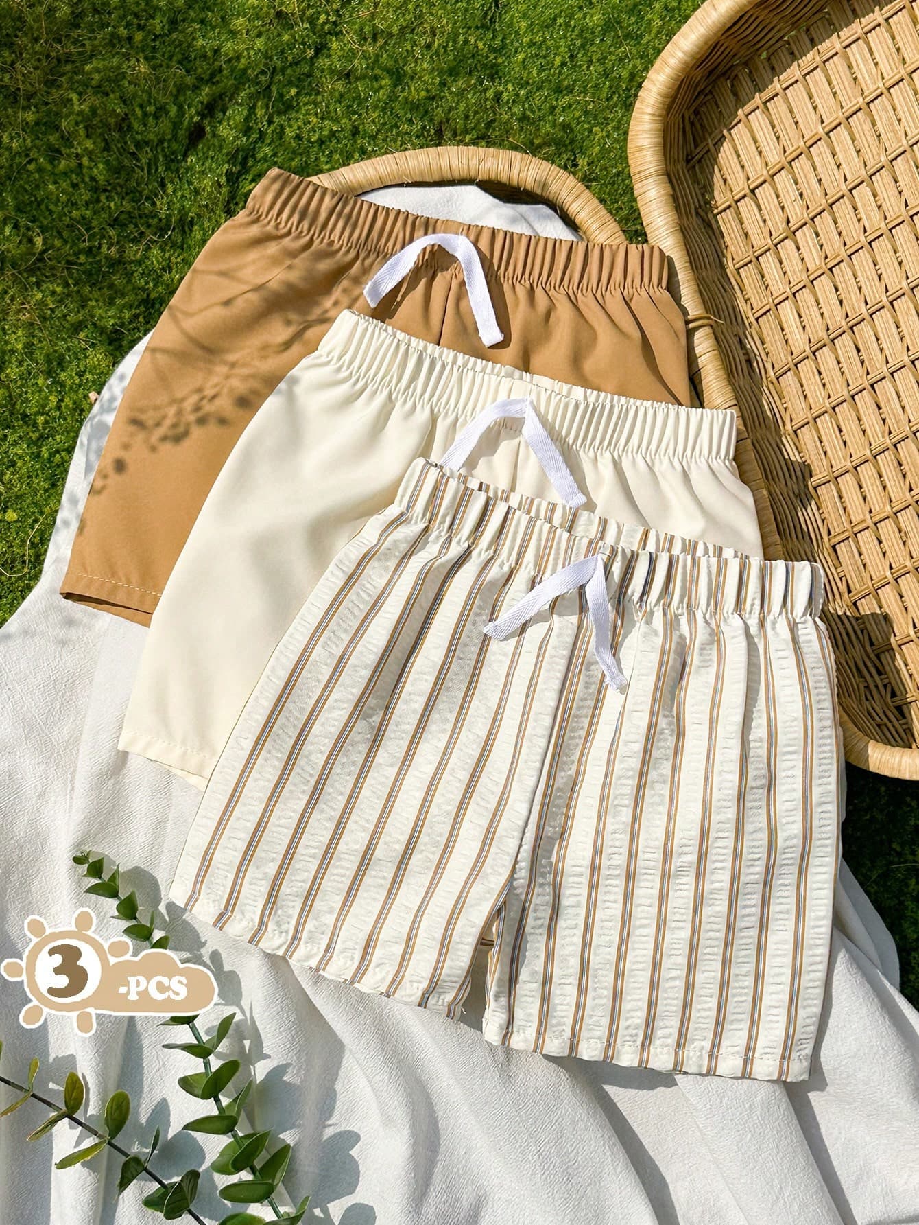 SHEIN Vintaside Kids 3pcs Toddler Casual Shorts Set,Khaki Solid,Light Brown Striped Pattern & Pure White Straight Leg Drawstring Shorts,Soft & Clean Suitable For Summer
