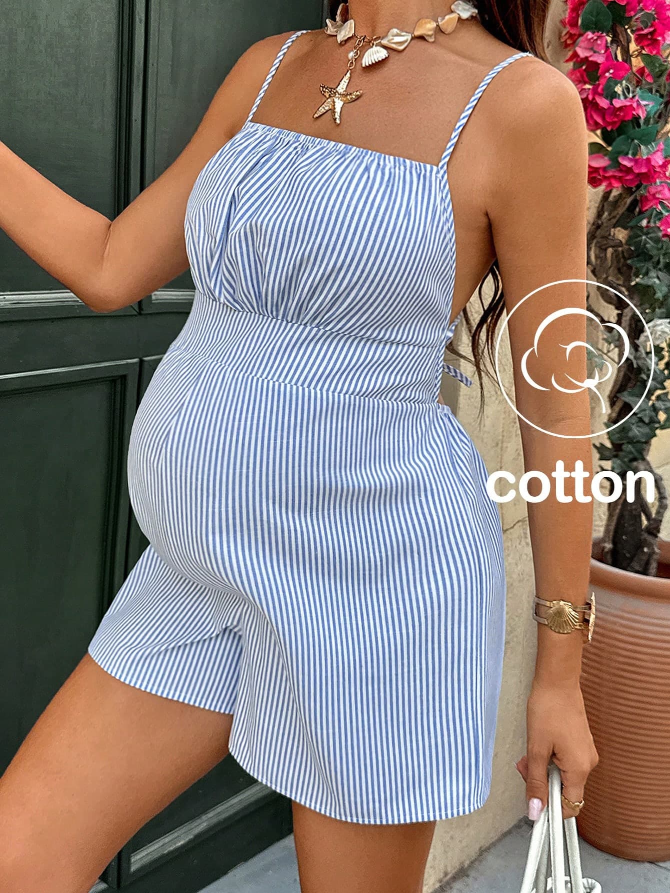 Lyckli Maternity Summer Casual Striped Print Jumpsuit