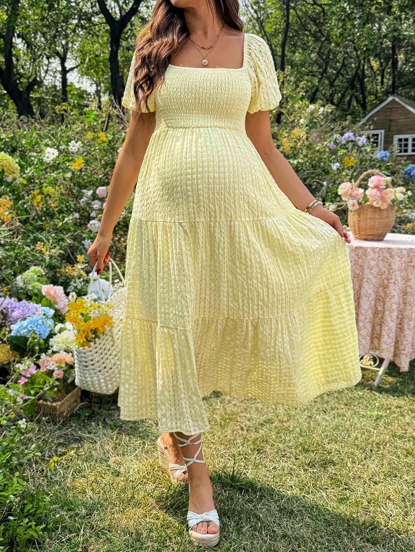 Lyckli Maternity Solid Color Square Neck Puff Sleeve Ruffle Hem Pleated Dress