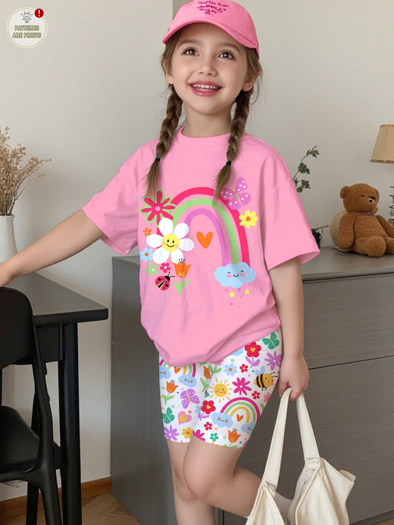 SHEIN 2pcs/Set Young Girl Casual Cute Floral, Rainbow, Butterfly Print Short Sleeve T-Shirt And Shorts Set, Light Pink Summer Vacation Y2K Young Girls Clothes