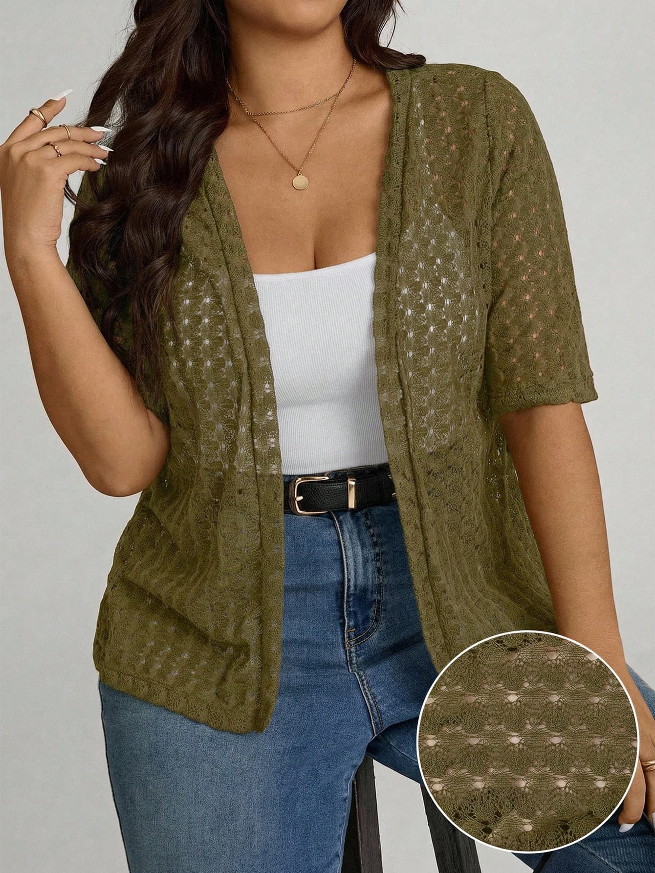Comfylo Plus Size Solid Color Jacquard Knit Casual Open Front Short Sleeve Cardigan