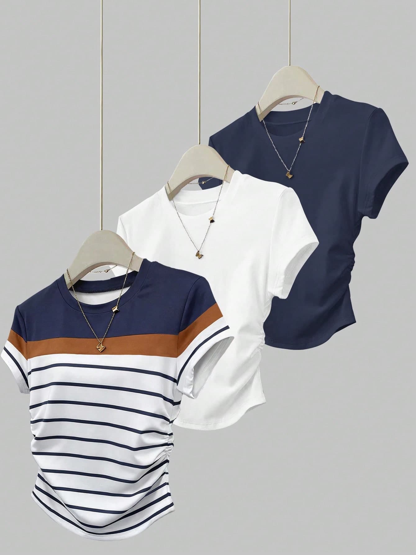 SHEIN 3pcs/Set Women's Outdoor Casual Sports Tops, Summer New Arrivals, White, Blue, Multicolor Striped, Fitted Waist Women's Summer T-Shirts