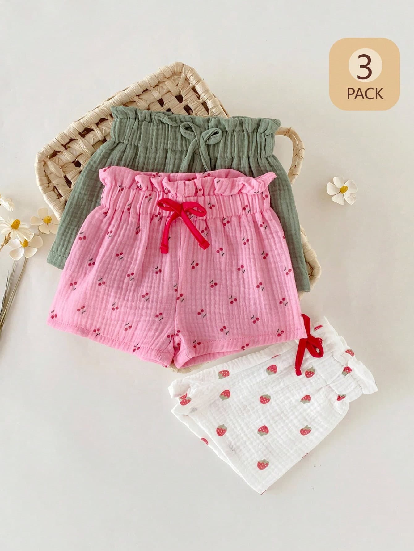 SHEIN 3pcs Baby Girl Cute Strawberry & Cherry Floral Print Shorts Set,Pink And Green Ruffle Waist Bow Shorts,Comfortable Summer Holiday Outdoor Play Wear