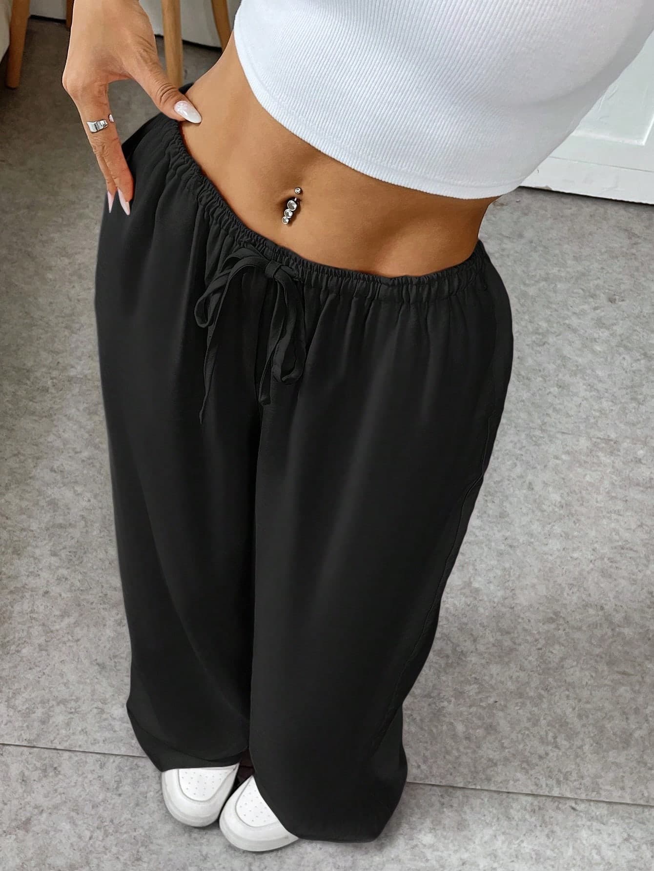 SHEIN EZwear Woven Drawstring Waist Wide Leg Women Long Pants, Black Pants For Summer