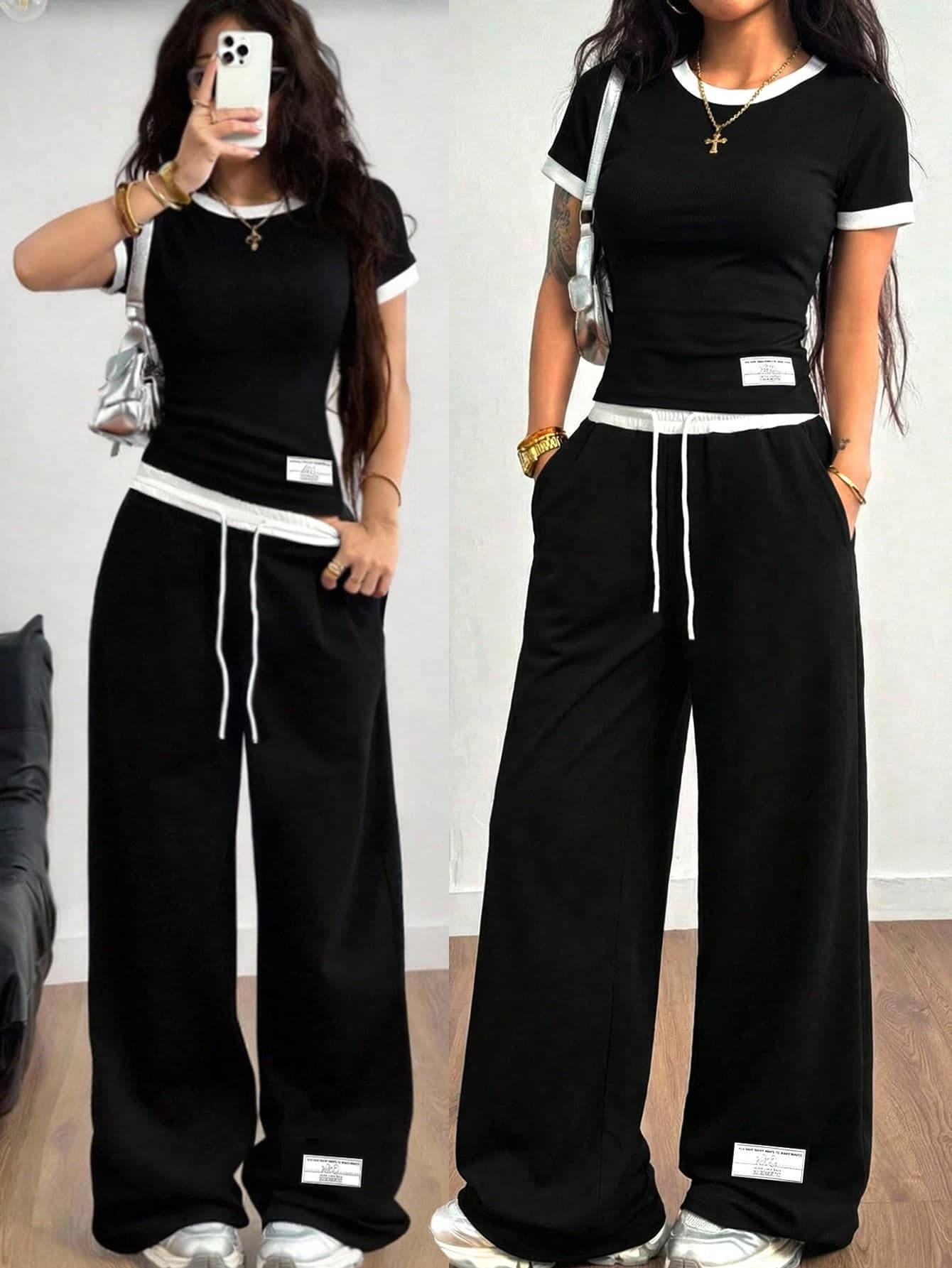 SHEIN Teen Girls' Ribbed Knit Black And White Contrast Color Fitted T-Shirt & Loose Pocket Pants Set,Summer,Streetwear,Graduation,Back-To-School,Casual