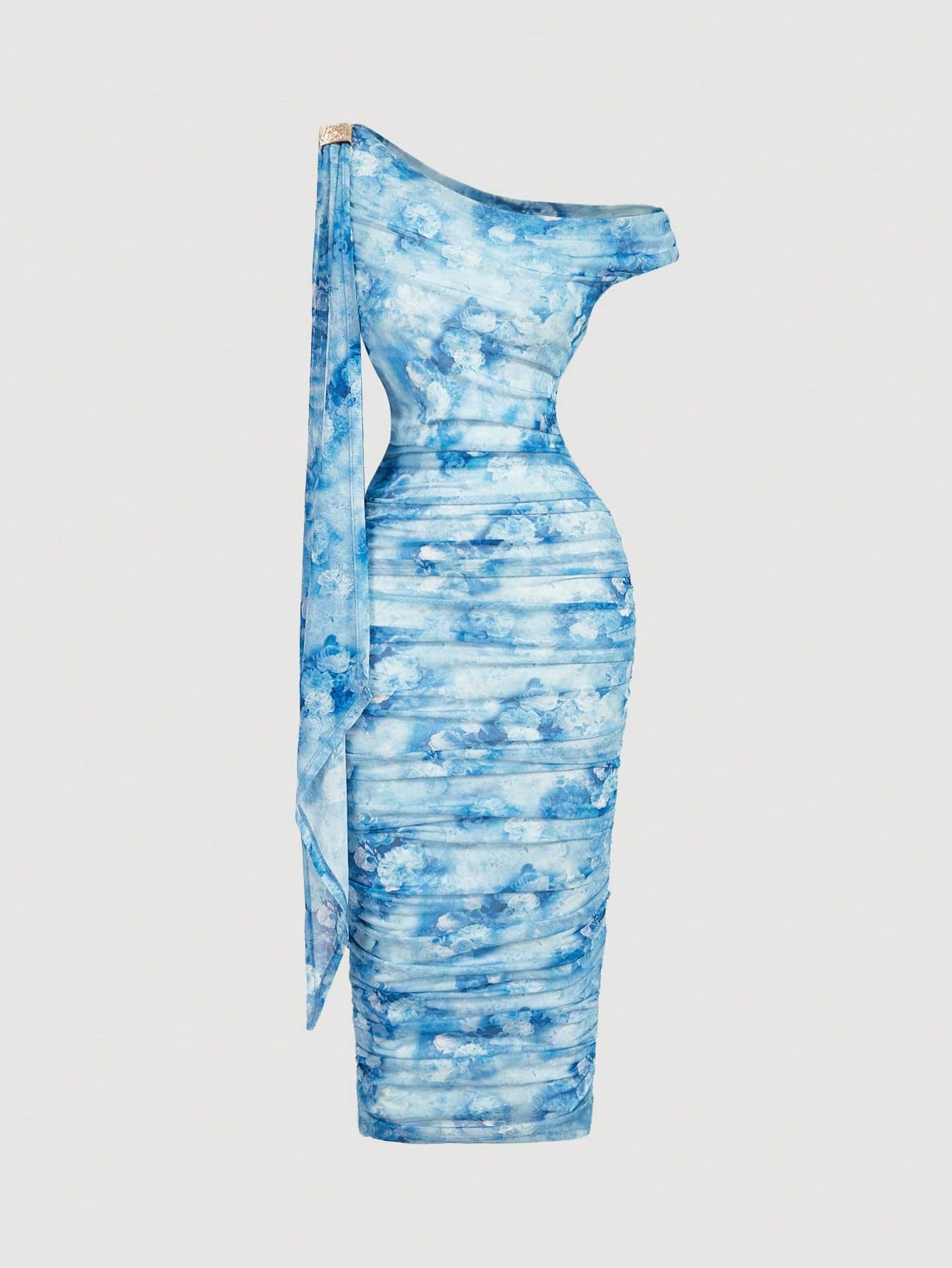 SHEIN MOD Women's Elegant Floral Print Asymmetric Neck Fitted Mid-Length Dress, Summer Midi Dress Tie Dye Dress Blue Dress Ruched Dress One Shoulder Dress