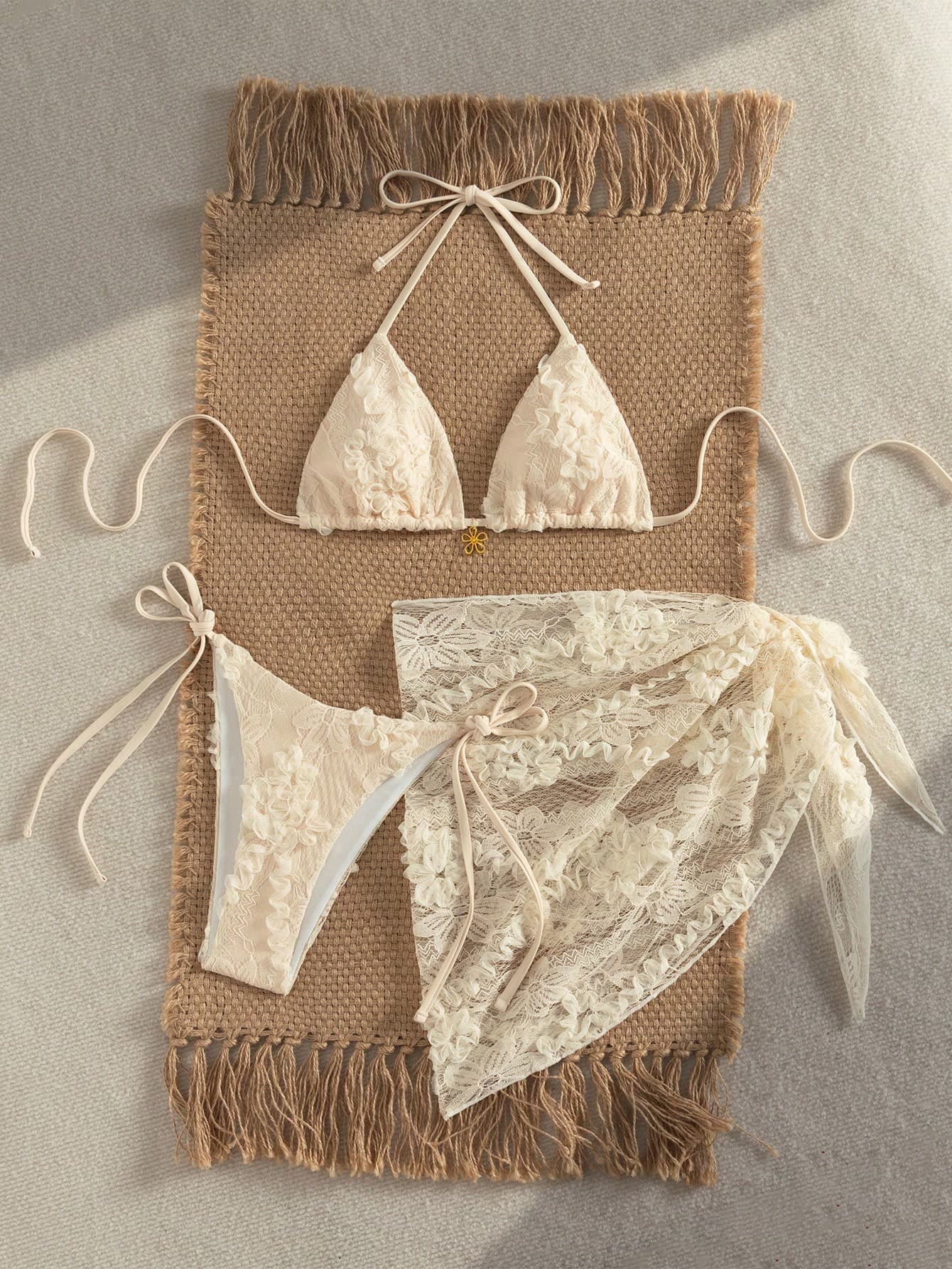 Swim Mod Off-White 3-Piece Set,Women Floral Textured Halter Triangle Bikini Top,Side Tie Bottom&Lace Sarong Skirt Summer Tropical Pool Party Vacation Holiday