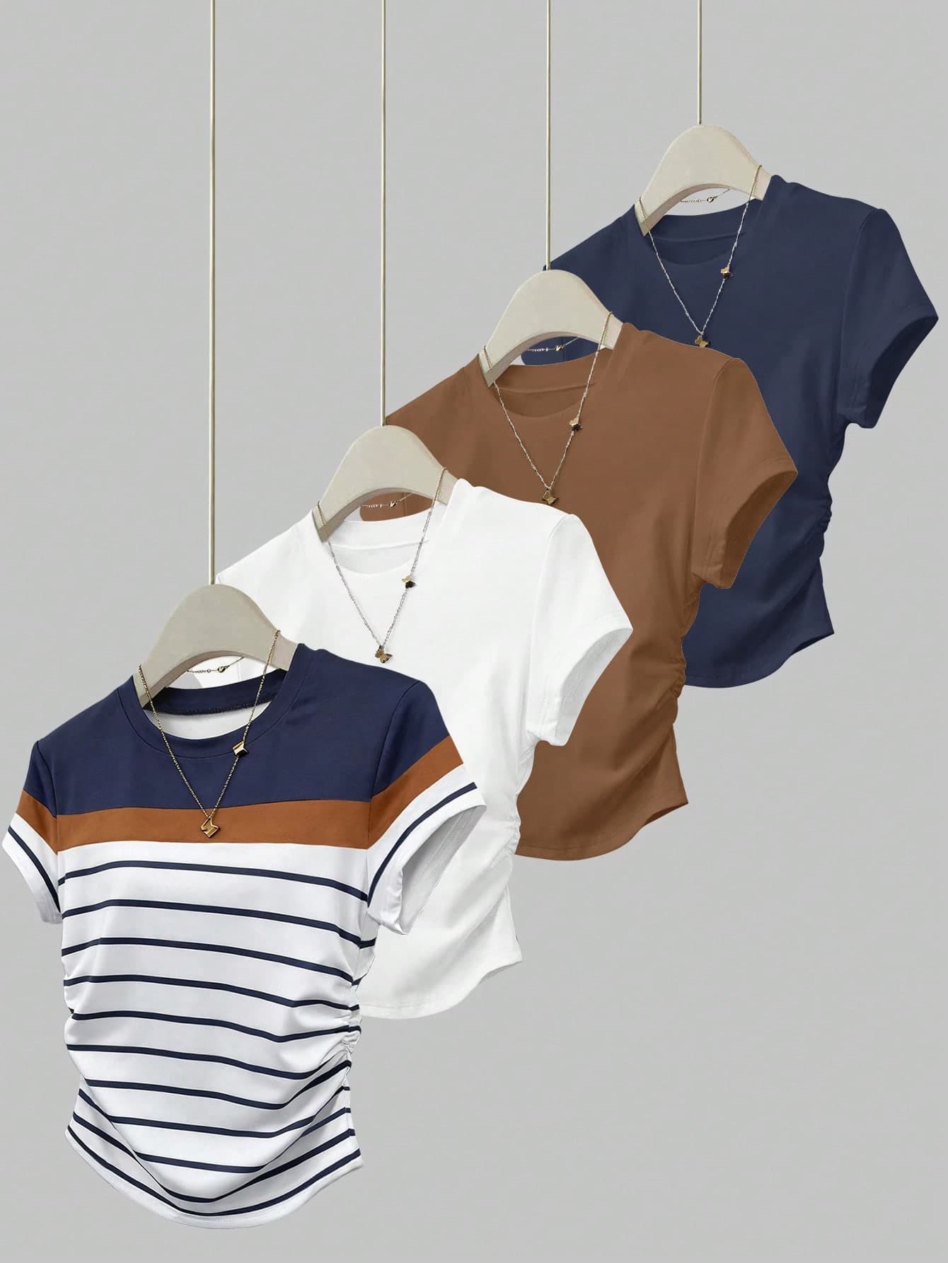 Resyla 4pcs/Set Women's Outdoor Casual Sports Tops, Summer New Arrivals, Brown, White, Blue, Multicolor Striped Slim Fit T-Shirts