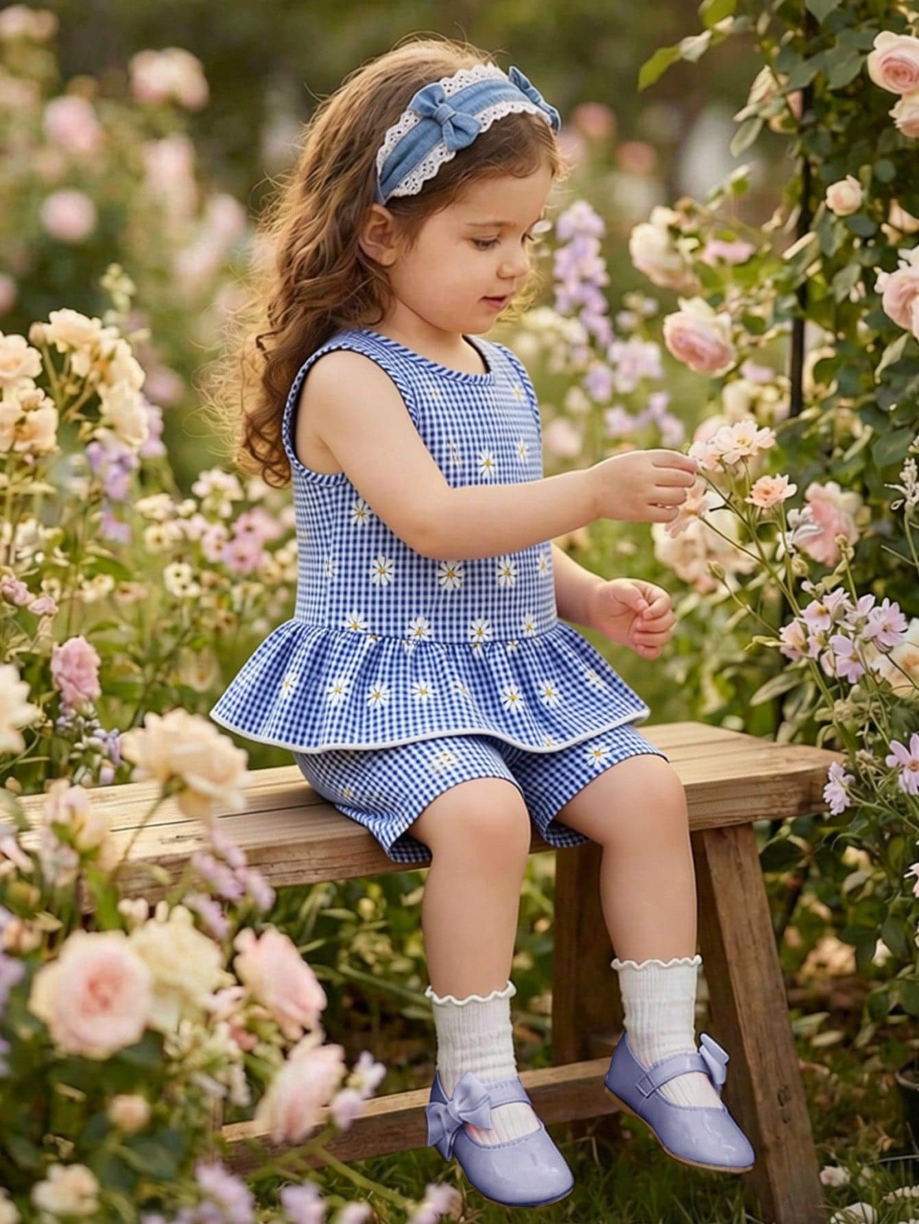 Elladie kids 2pcs/Set Young Girls Casual Fashion Summer T-Shirt Set,Woven Blue & White Plaid Floral Digital Print Sleeveless Top With Hem & Matching Shorts,Party